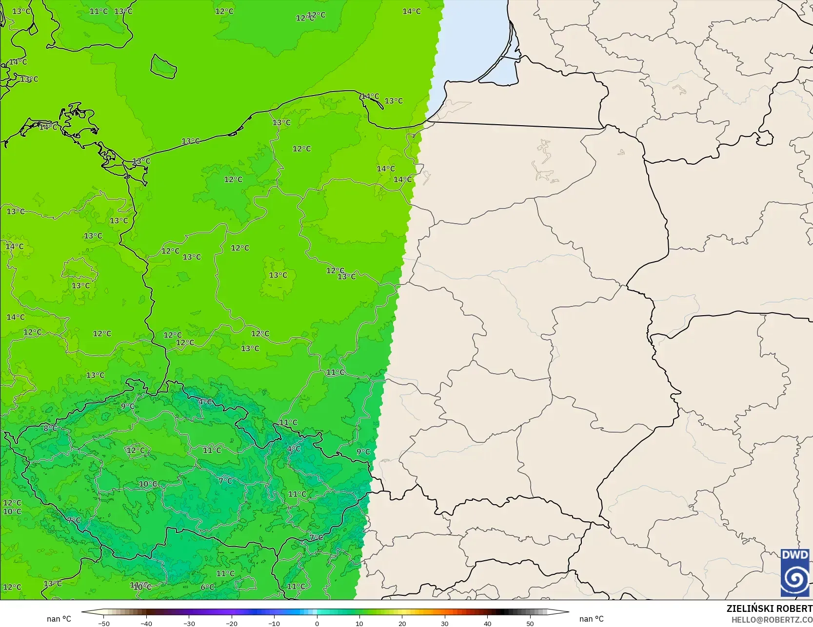 ICON Alemanha 2 km modelo - Polônia, Temperatura a 850 hPa
