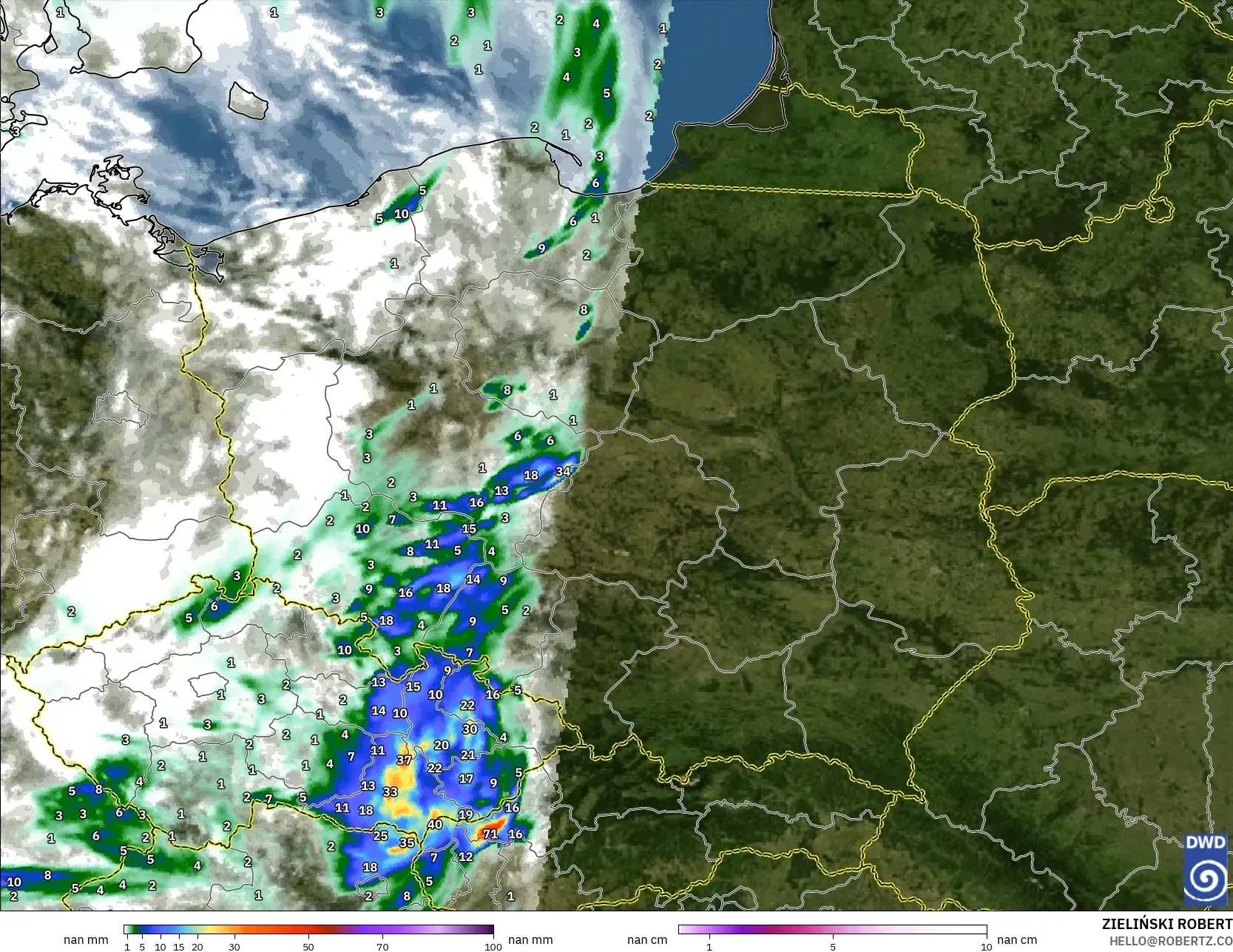 ICON Alemanha 2 km modelo - Polônia, Precipitação, nuvens e pressão