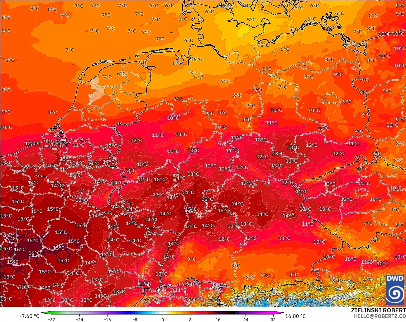 ICON Alemanha 2 km modelo - Alemanha, Anomalia de temperatura a 850 hPa