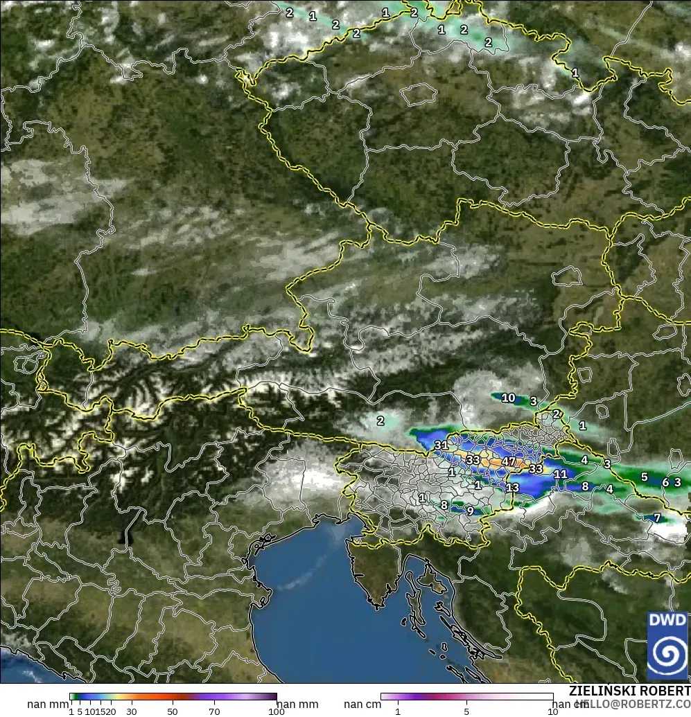 ICON Alemanha 2 km modelo - Áustria, Precipitação, nuvens e pressão