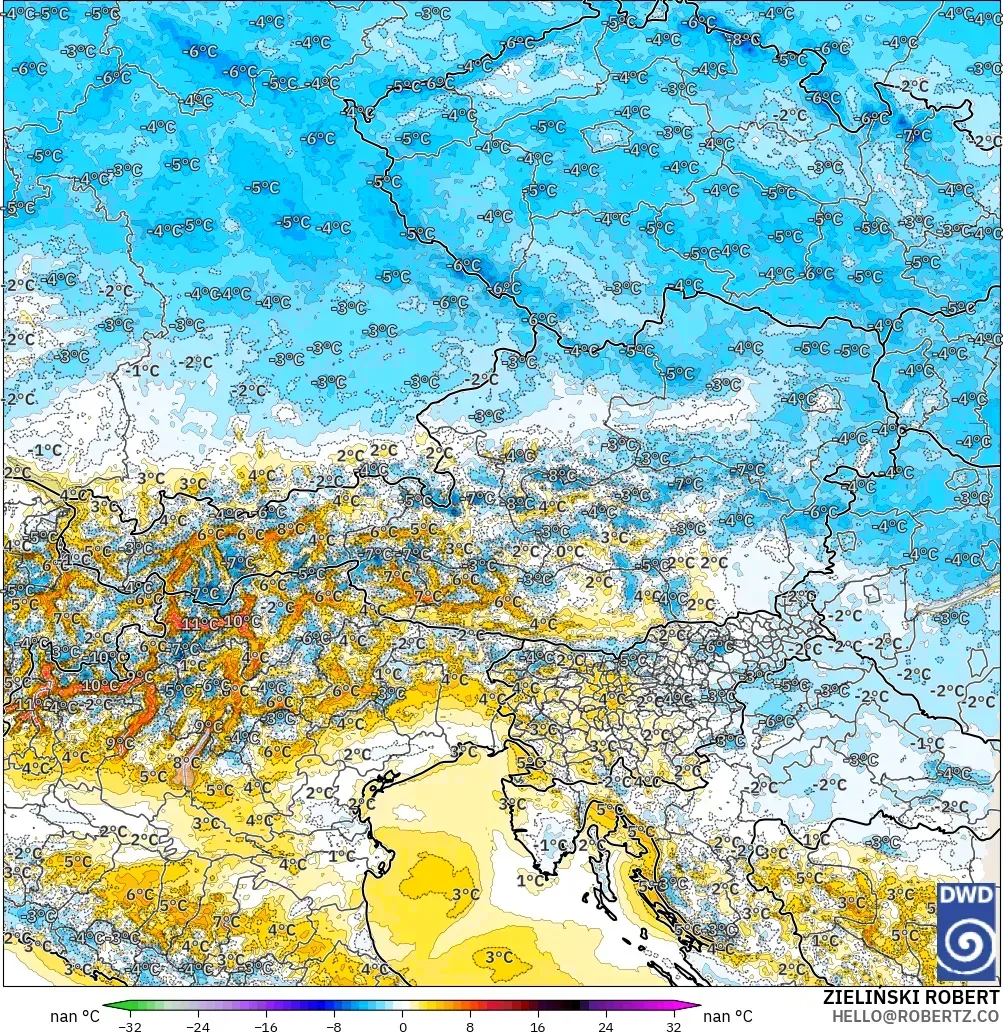 ICON Alemanha 2 km modelo - Áustria, Anomalia de temperatura a 2 m