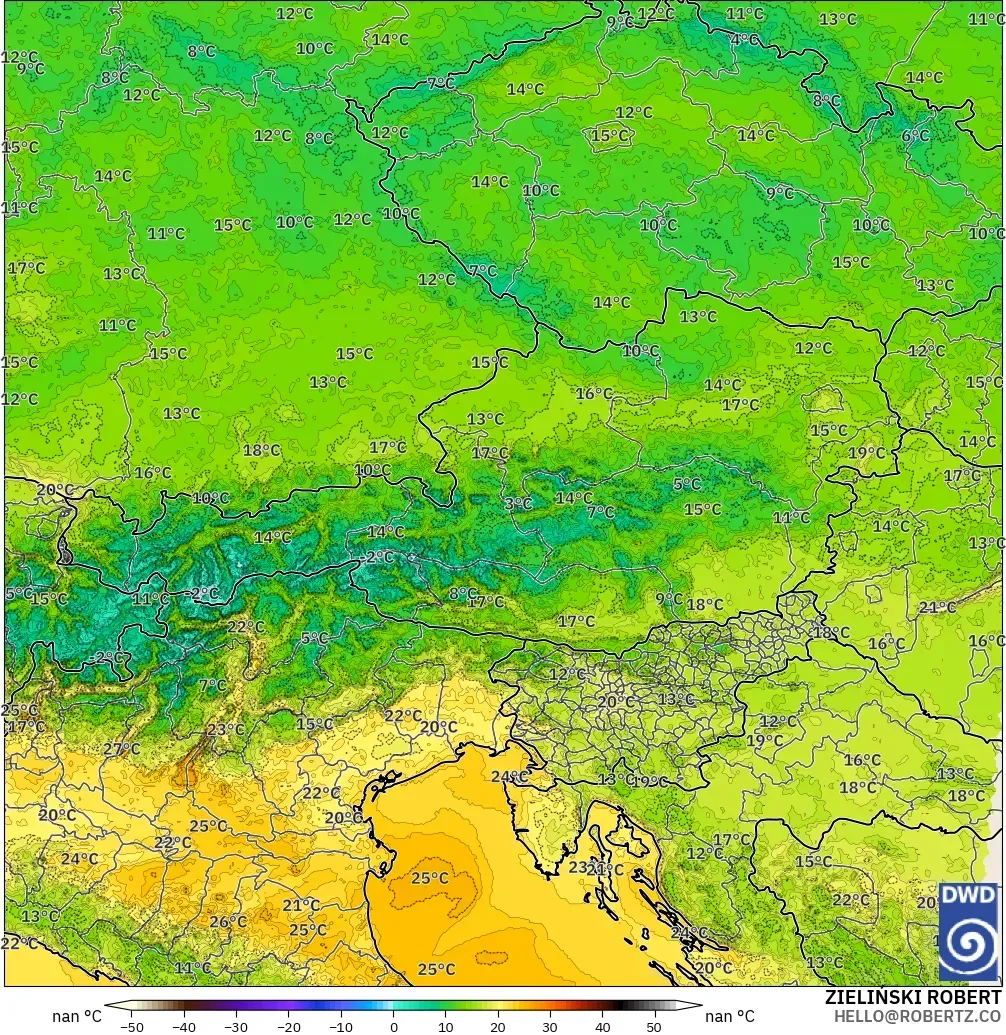 ICON Alemanha 2 km modelo - Áustria, Temperatura a 2 m
