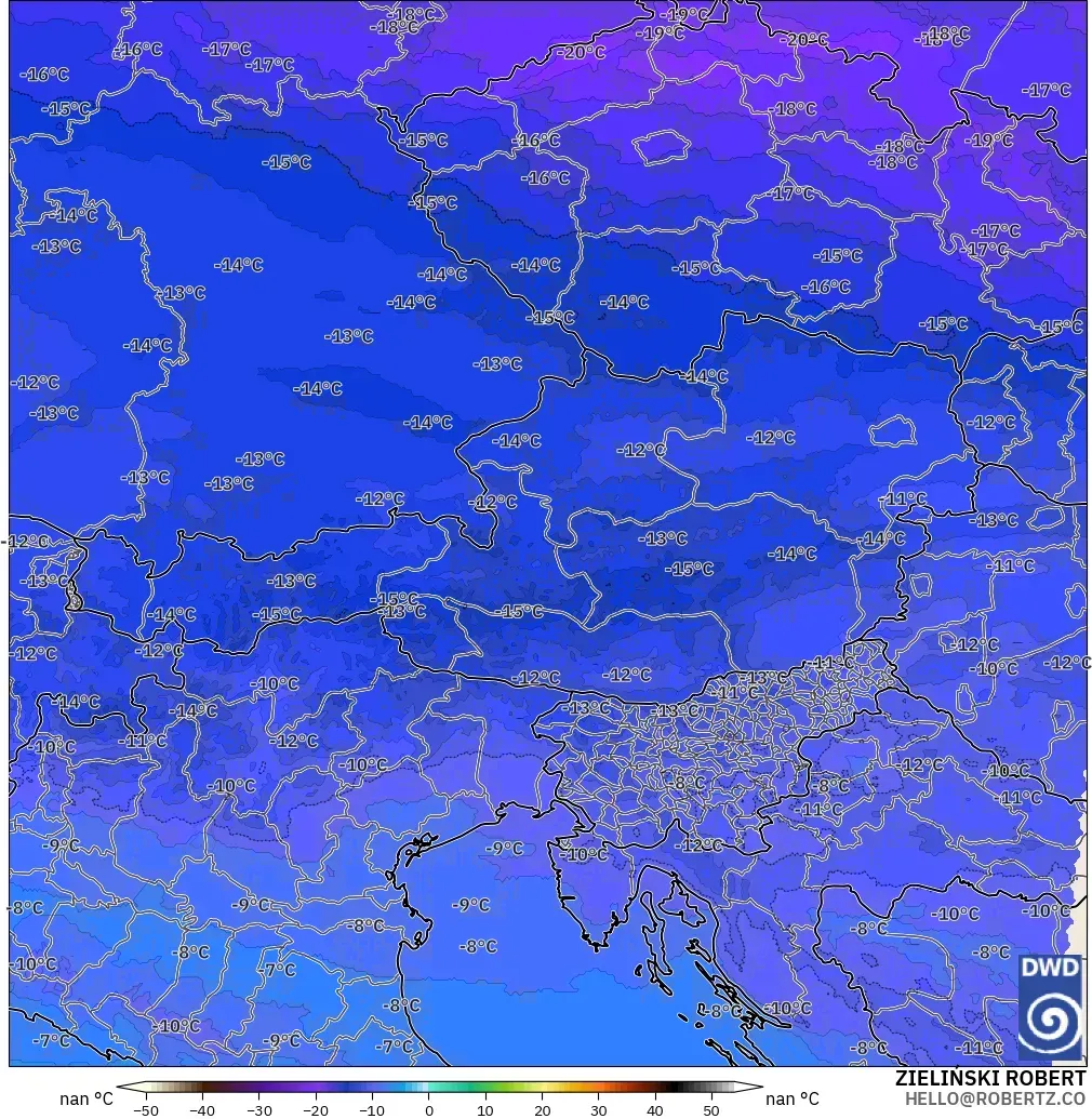 ICON Alemanha 2 km modelo - Áustria, Temperatura a 500 hPa