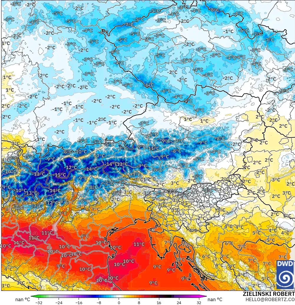 ICON Alemanha 2 km modelo - Áustria, Anomalia de temperatura a 850 hPa