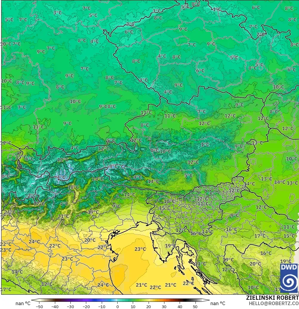 ICON Alemanha 2 km modelo - Áustria, Temperatura a 850 hPa