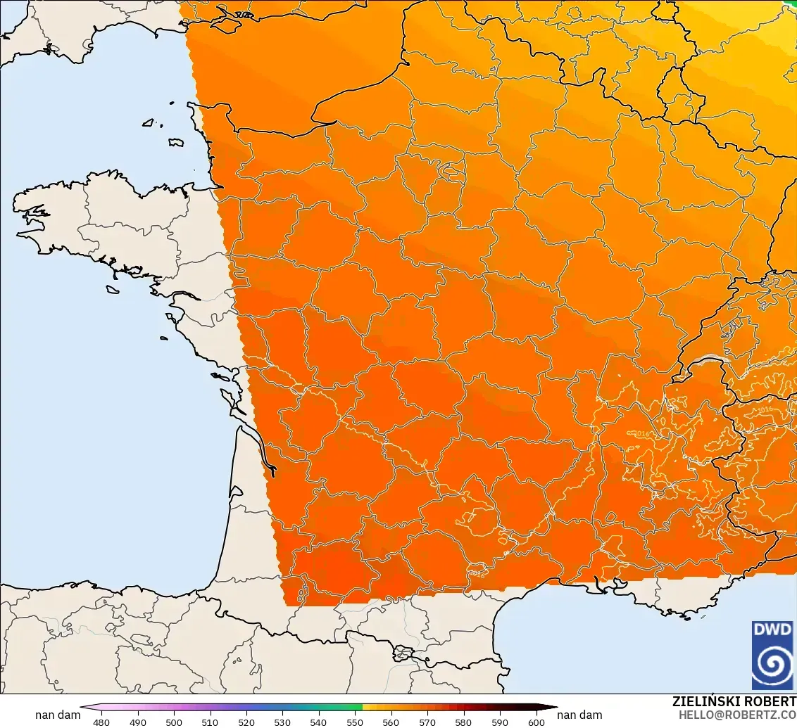 ICON Alemanha 2 km modelo - França, Altura geopotencial a 500 hPa