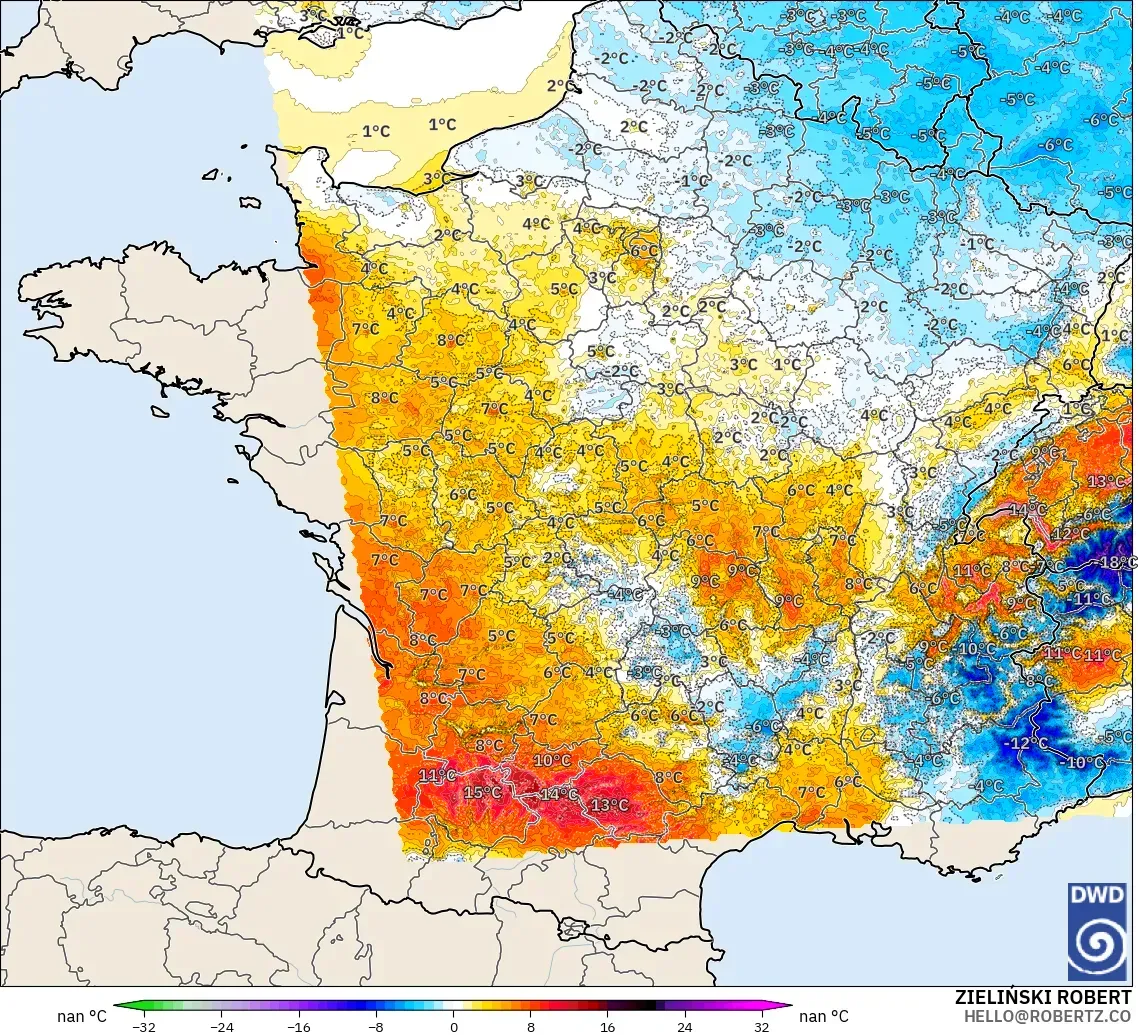 ICON Alemanha 2 km modelo - França, Anomalia de temperatura a 2 m