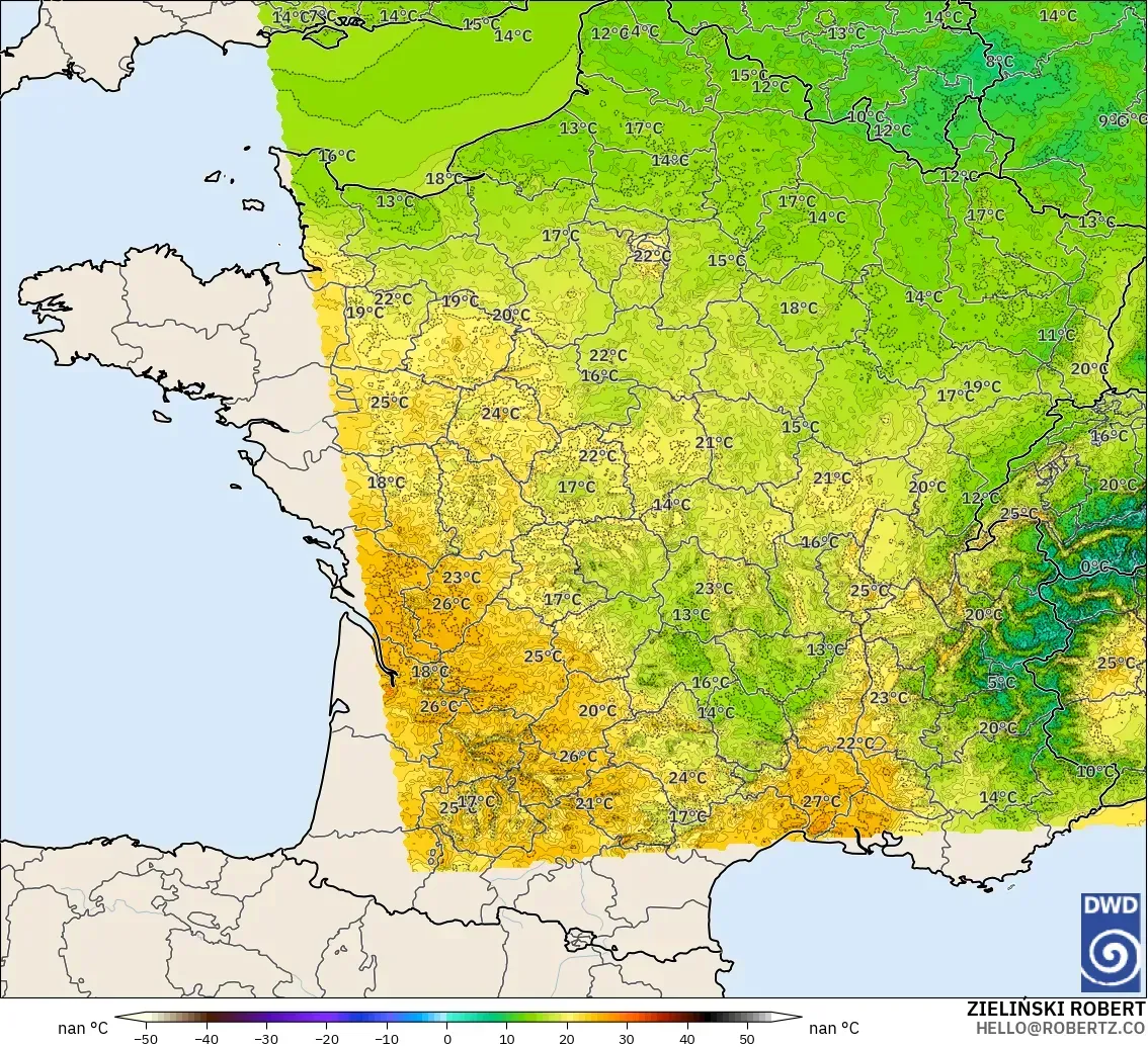 ICON Alemanha 2 km modelo - França, Temperatura a 2 m