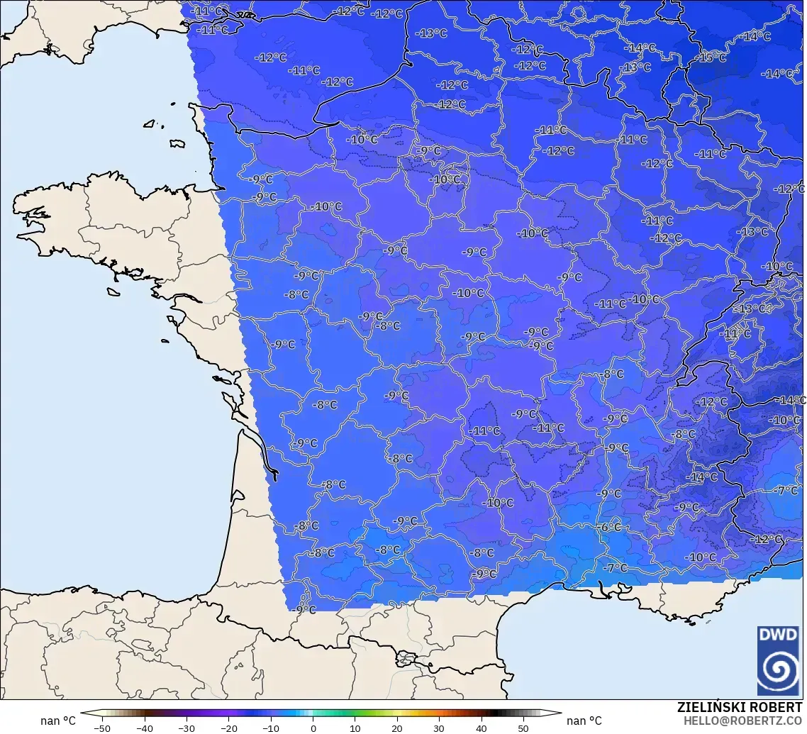 ICON Alemanha 2 km modelo - França, Temperatura a 500 hPa