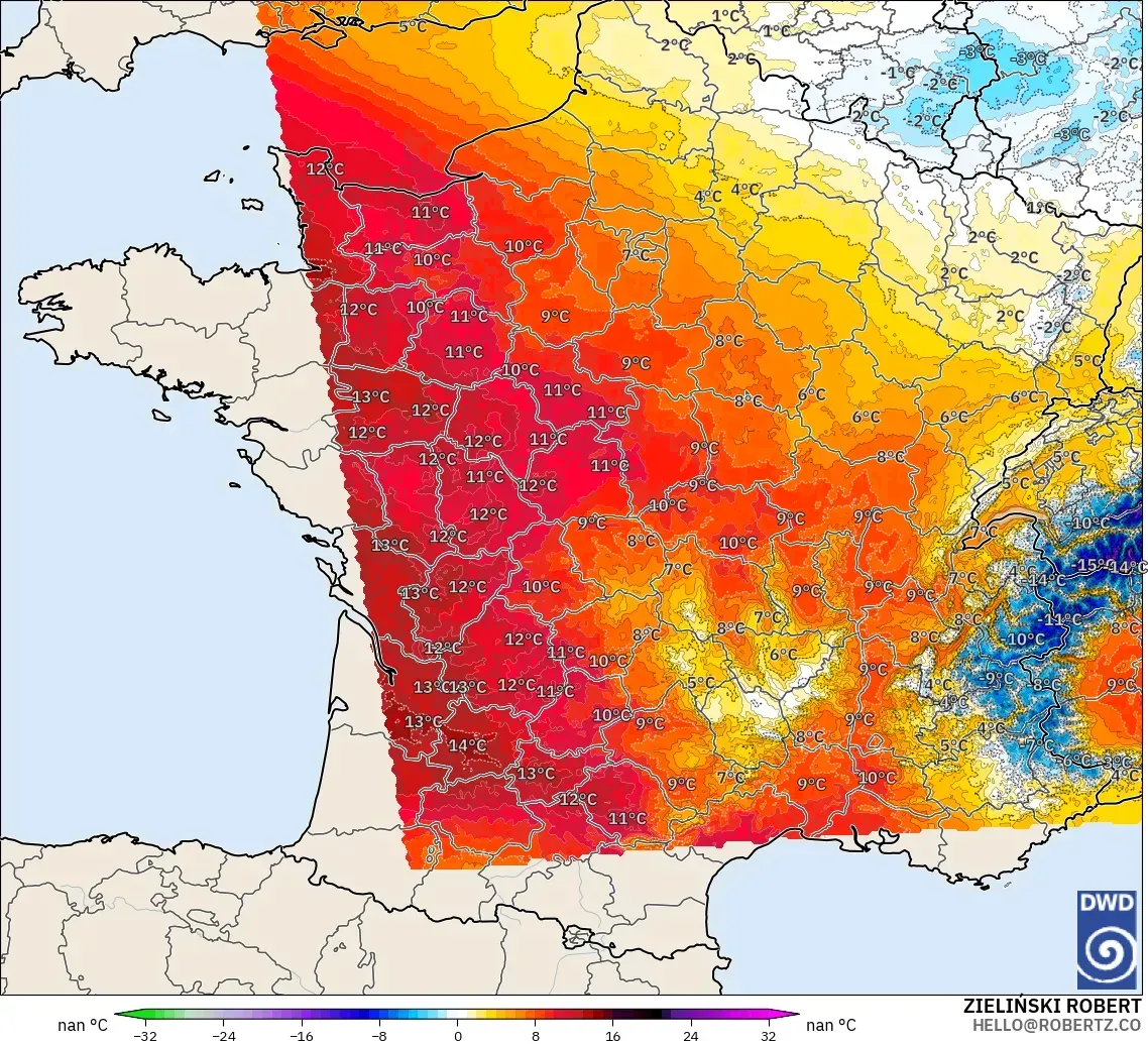 ICON Alemanha 2 km modelo - França, Anomalia de temperatura a 850 hPa