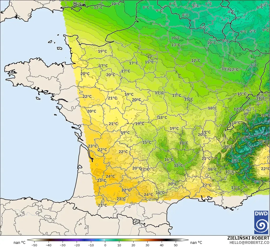 ICON Alemanha 2 km modelo - França, Temperatura a 850 hPa