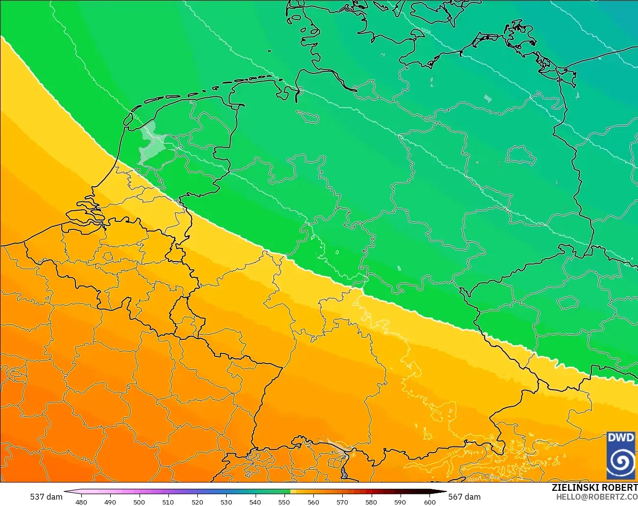 ICON Alemanha 2 km modelo - Alemanha, Altura geopotencial a 500 hPa