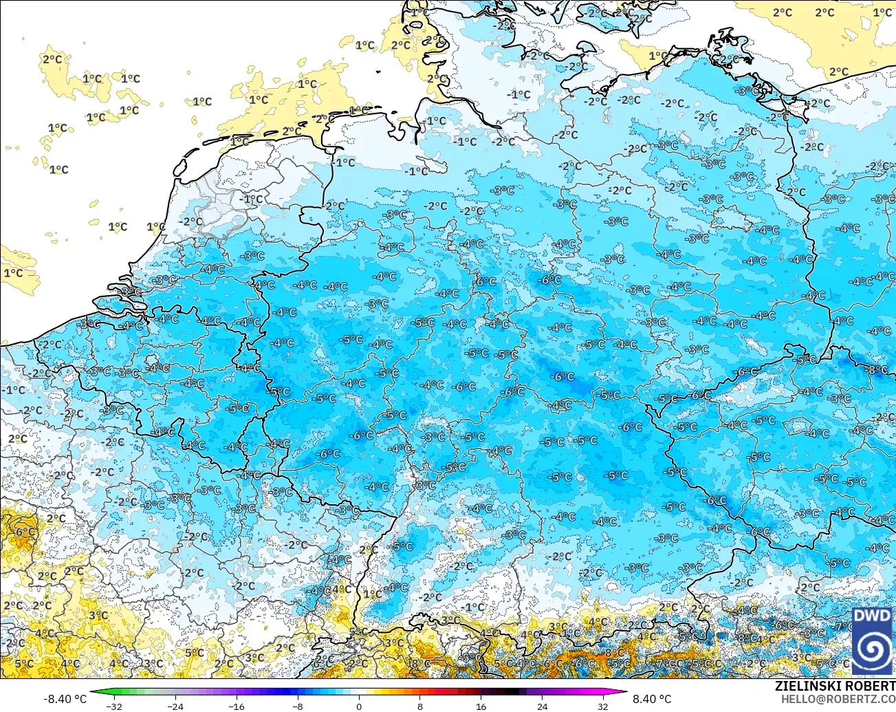 ICON Alemanha 2 km modelo - Alemanha, Anomalia de temperatura a 2 m