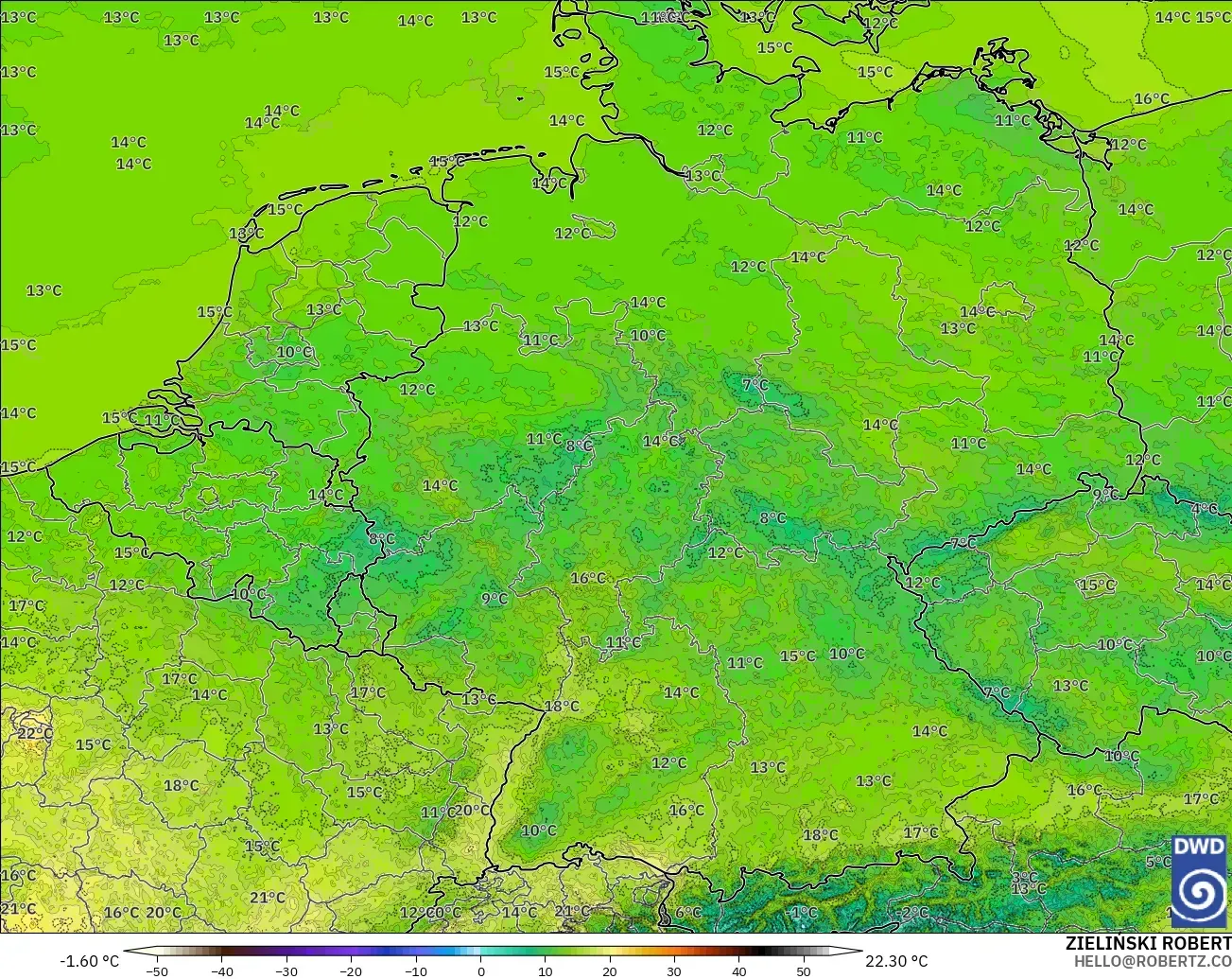 ICON Alemanha 2 km modelo - Alemanha, Temperatura a 2 m