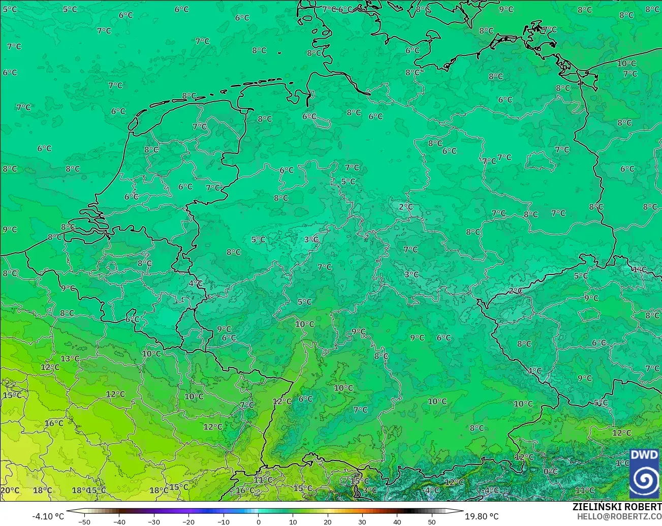 ICON Alemanha 2 km modelo - Alemanha, Temperatura a 850 hPa