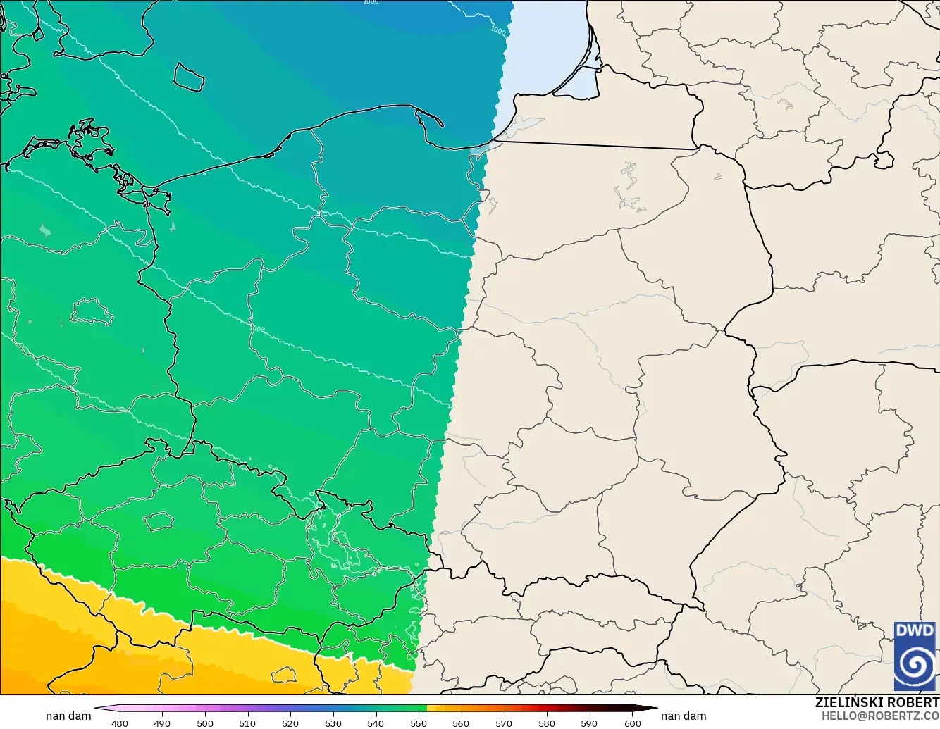ICON Alemanha 2 km modelo - Polônia, Altura geopotencial a 500 hPa