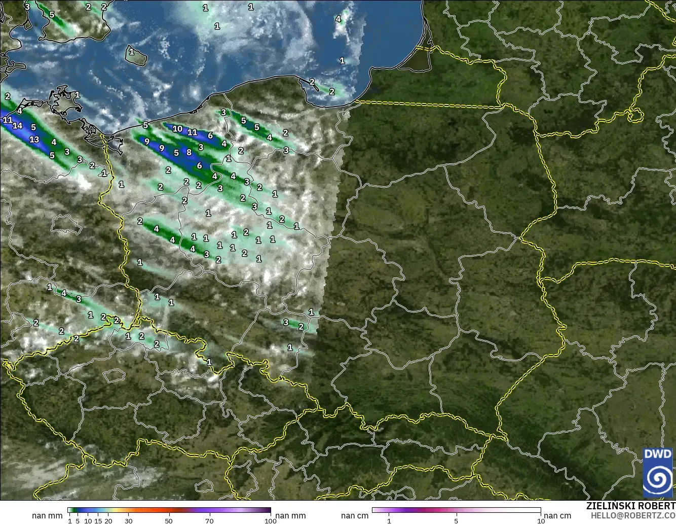 ICON Alemanha 2 km modelo - Polônia, Precipitação, nuvens e pressão