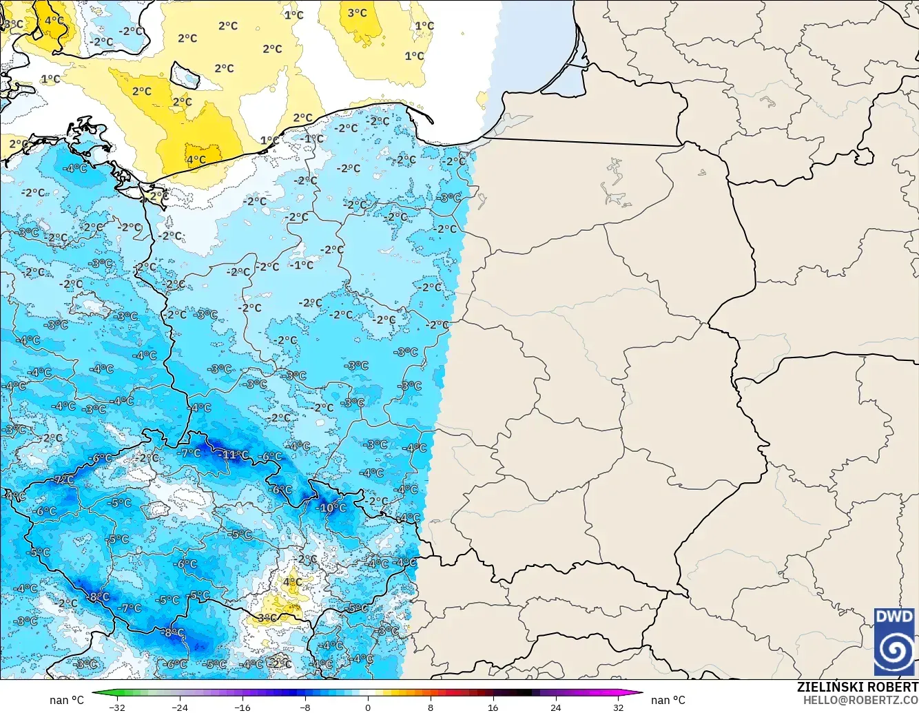 ICON Alemanha 2 km modelo - Polônia, Anomalia de temperatura a 2 m