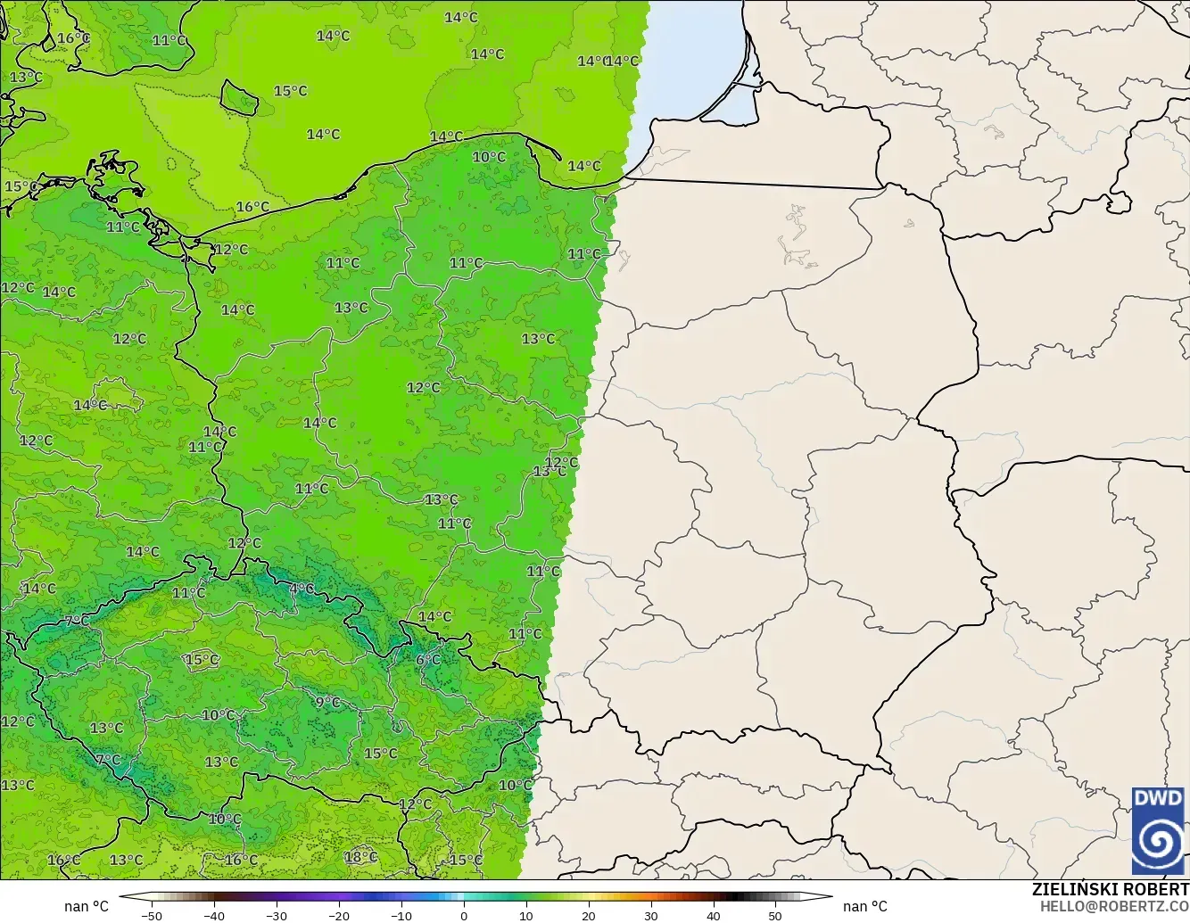 ICON Alemanha 2 km modelo - Polônia, Temperatura a 2 m