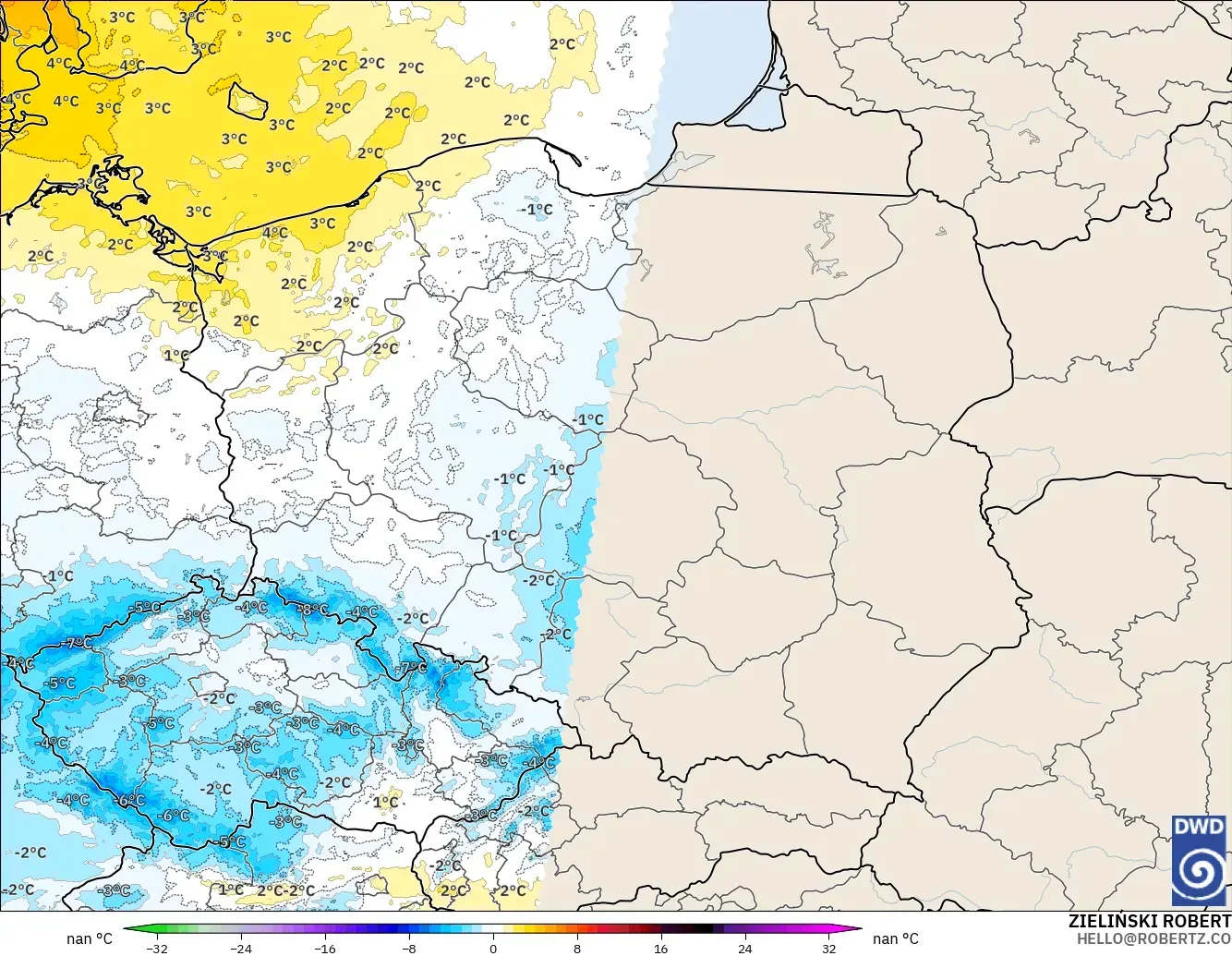 ICON Alemanha 2 km modelo - Polônia, Anomalia de temperatura a 850 hPa