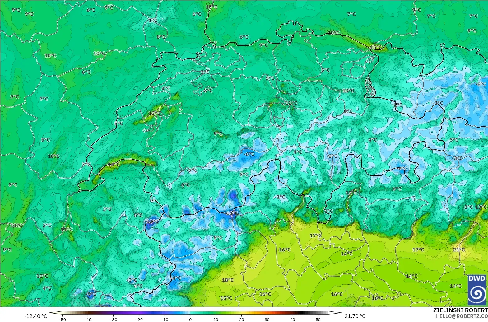 ICON Alemanha 2 km modelo - Suíça, Ponto de orvalho a 2 m
