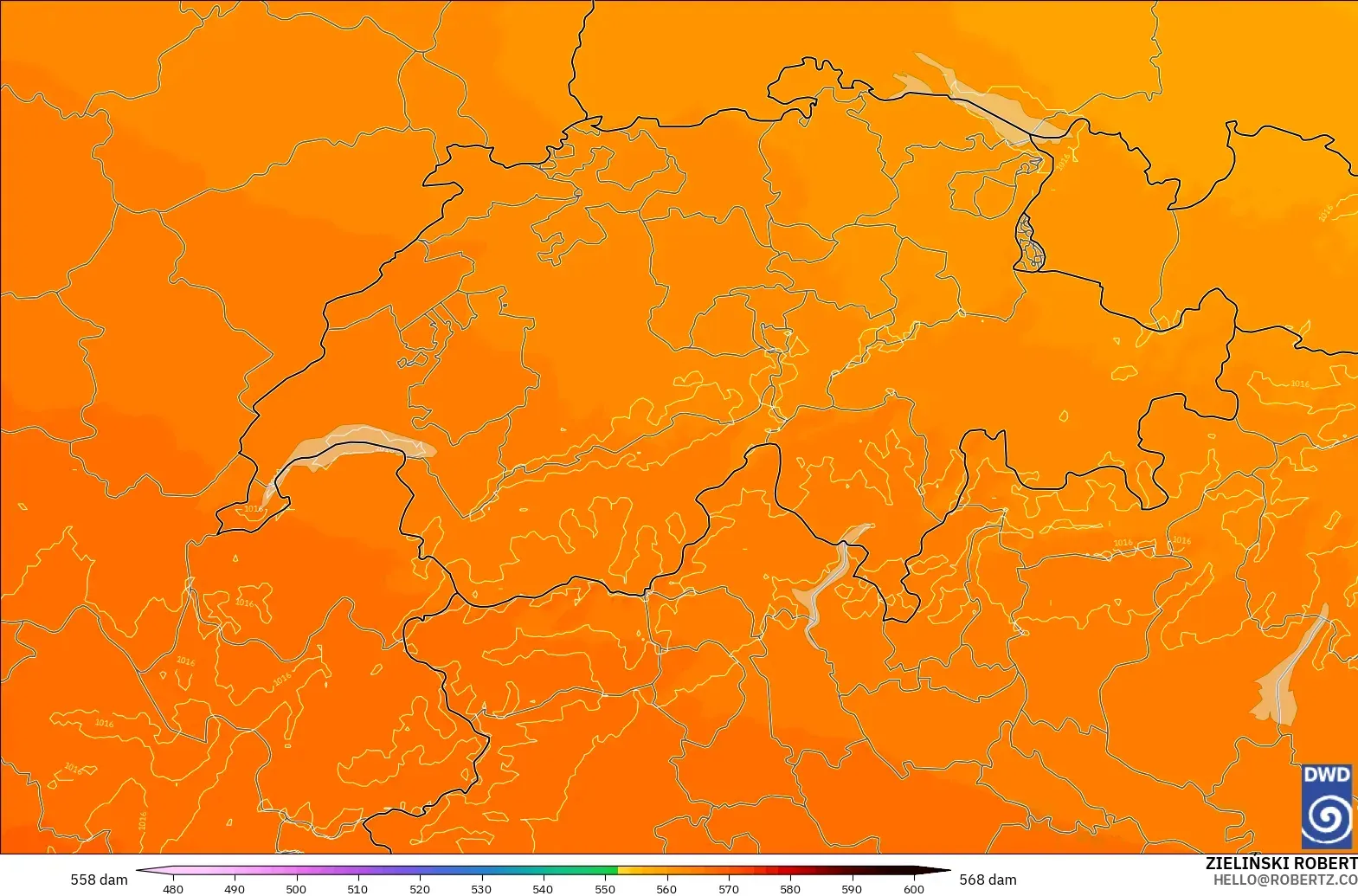 ICON Alemanha 2 km modelo - Suíça, Altura geopotencial a 500 hPa