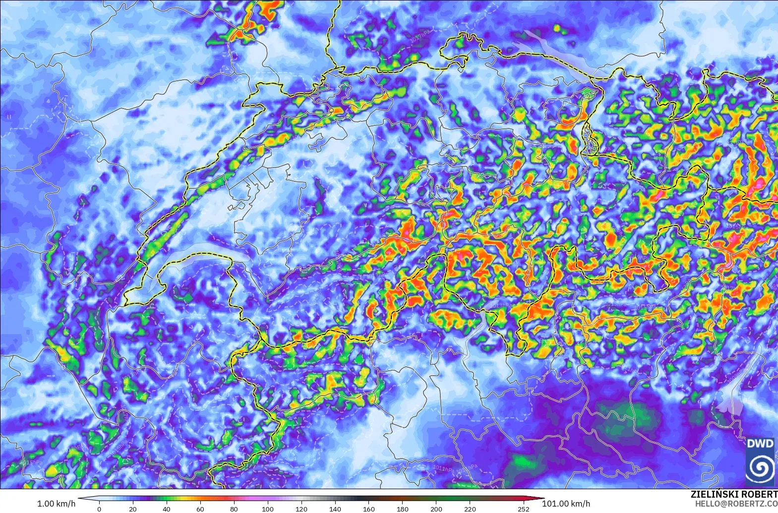 ICON Alemanha 2 km modelo - Suíça, Rajadas de Vento Máximas
