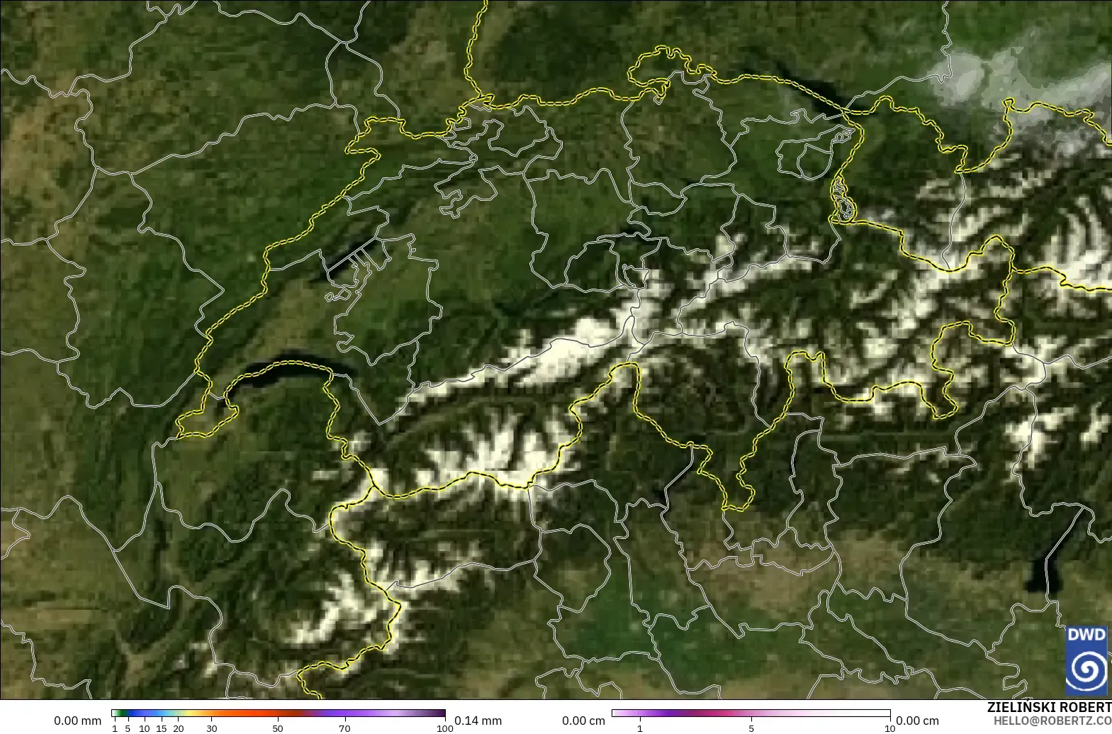 ICON Alemanha 2 km modelo - Suíça, Precipitação, nuvens e pressão