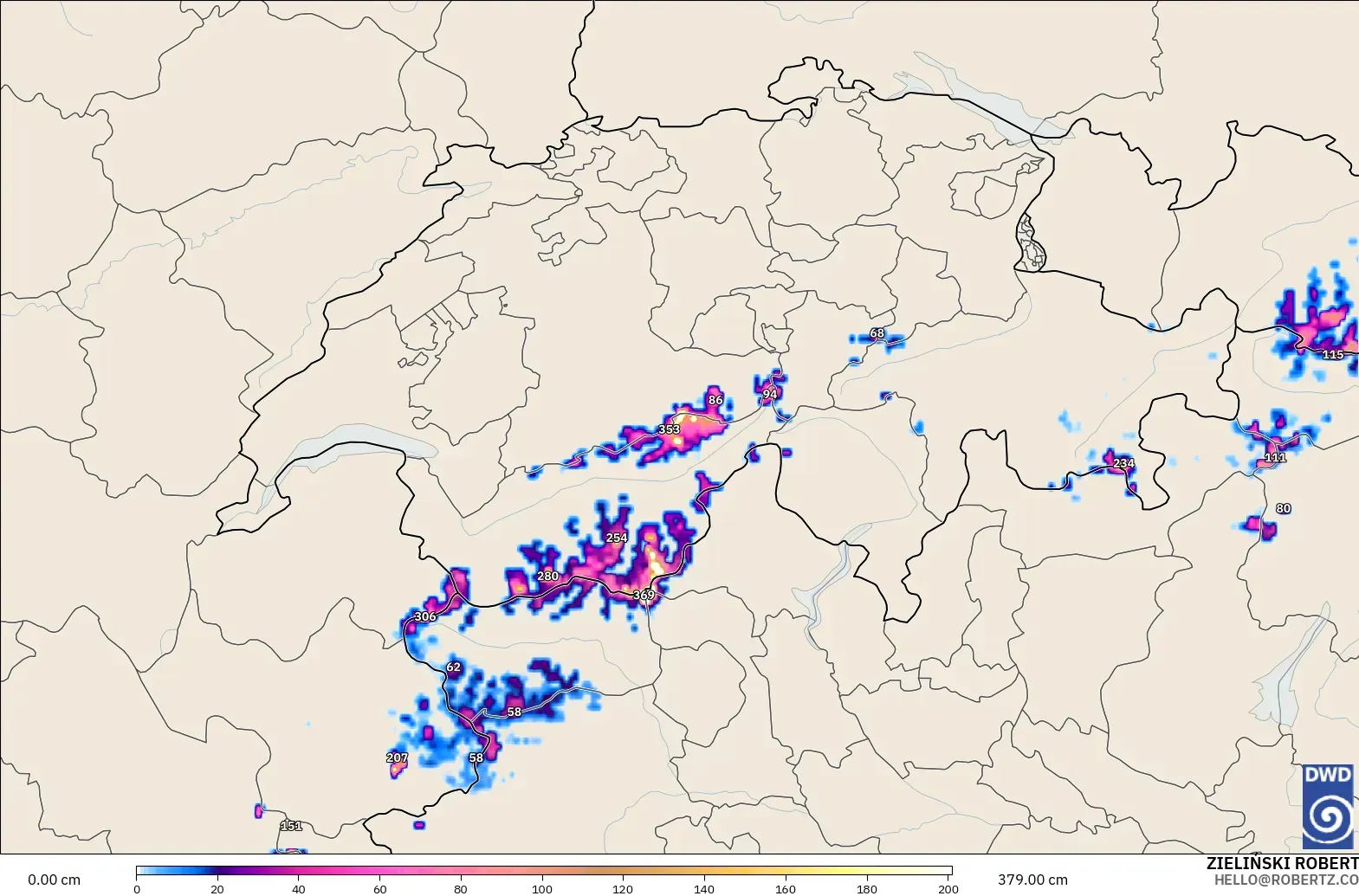 ICON Alemanha 2 km modelo - Suíça, Profundidade da neve