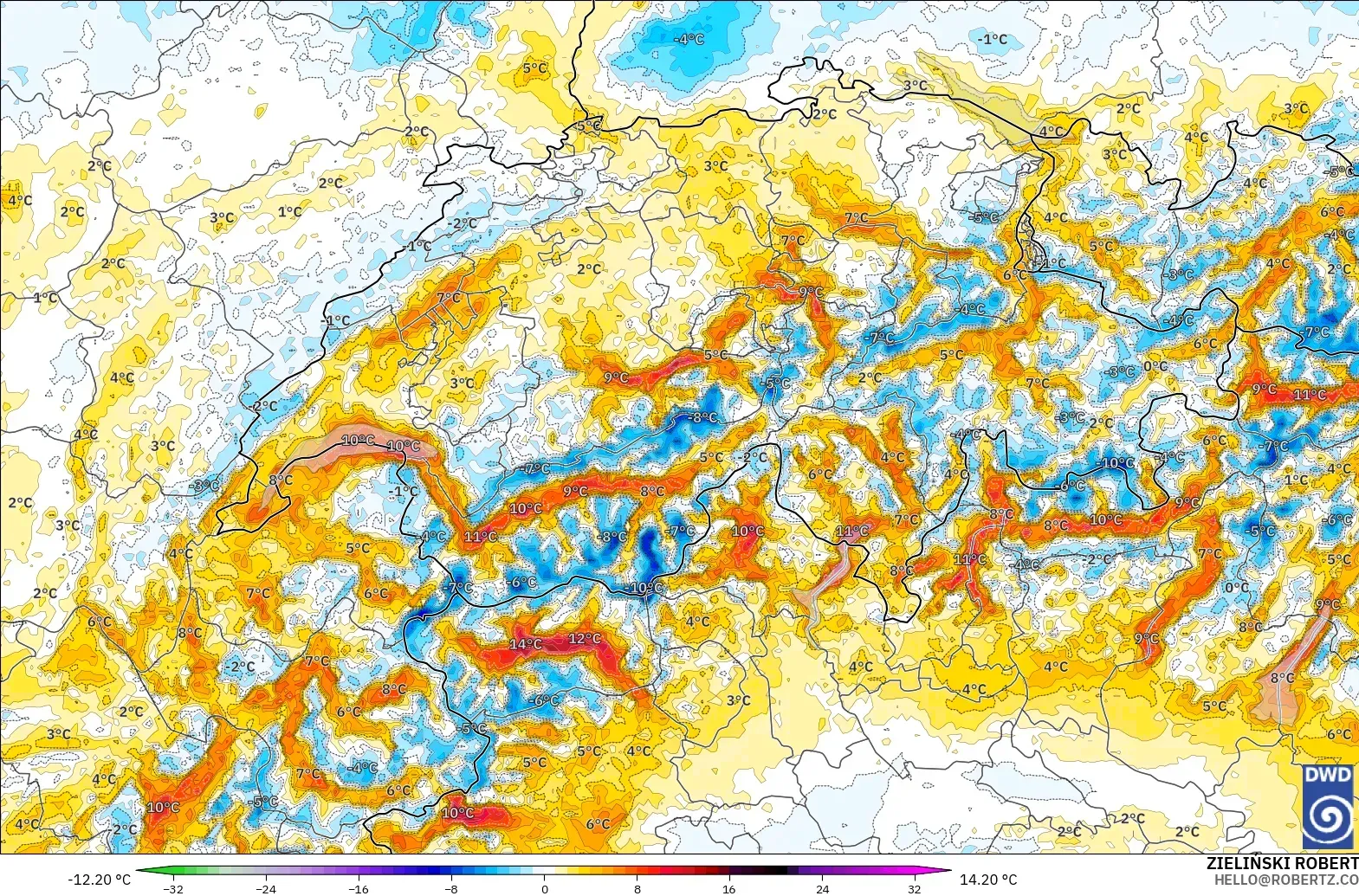ICON Alemanha 2 km modelo - Suíça, Anomalia de temperatura a 2 m