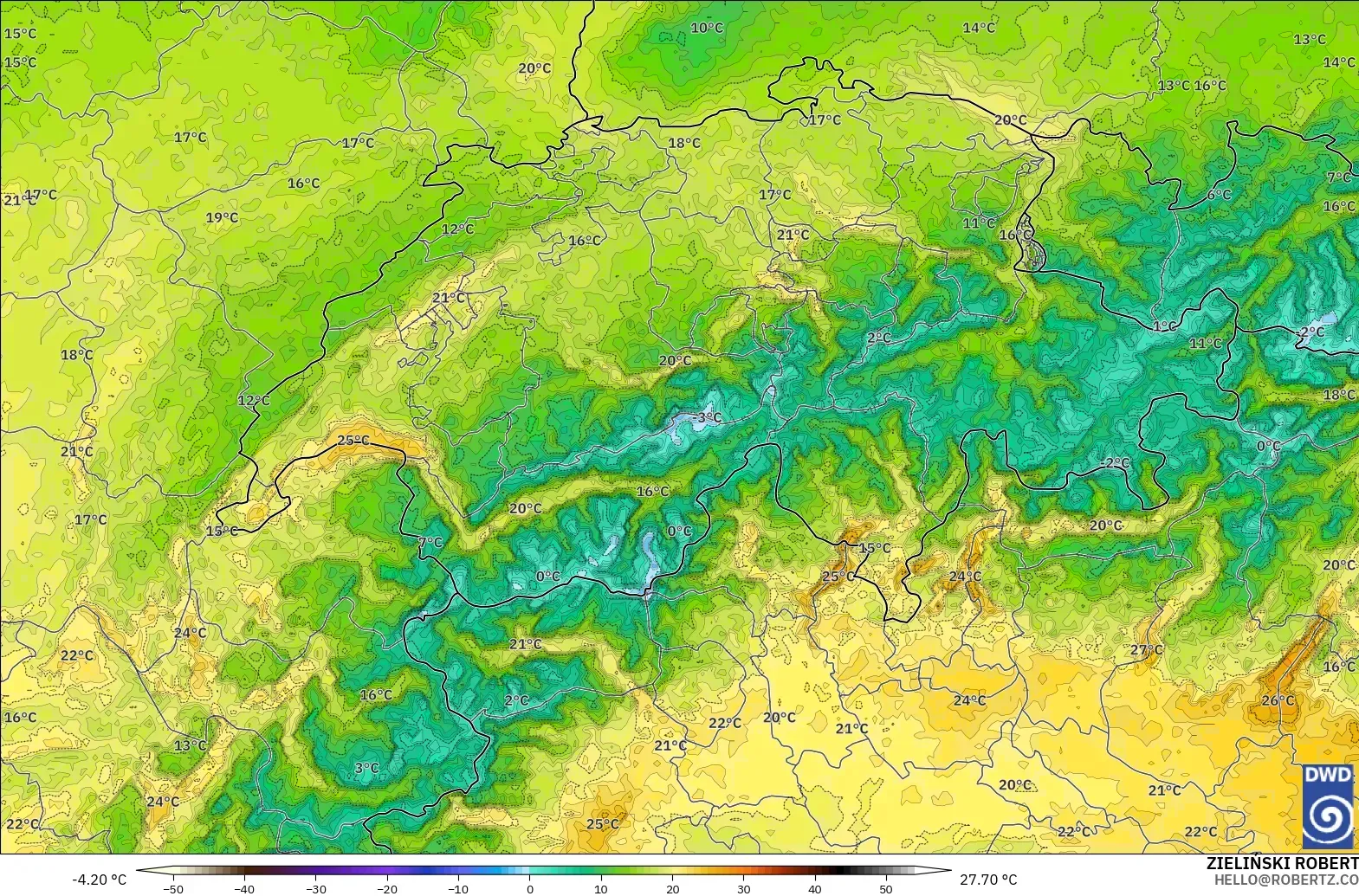 ICON Alemanha 2 km modelo - Suíça, Temperatura a 2 m