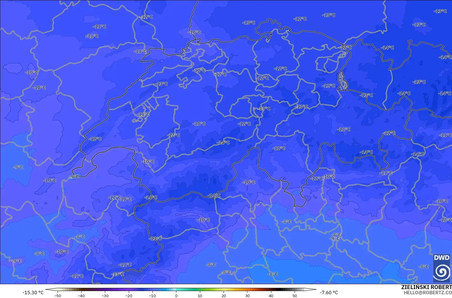 ICON Alemanha 2 km modelo - Suíça, Temperatura a 500 hPa