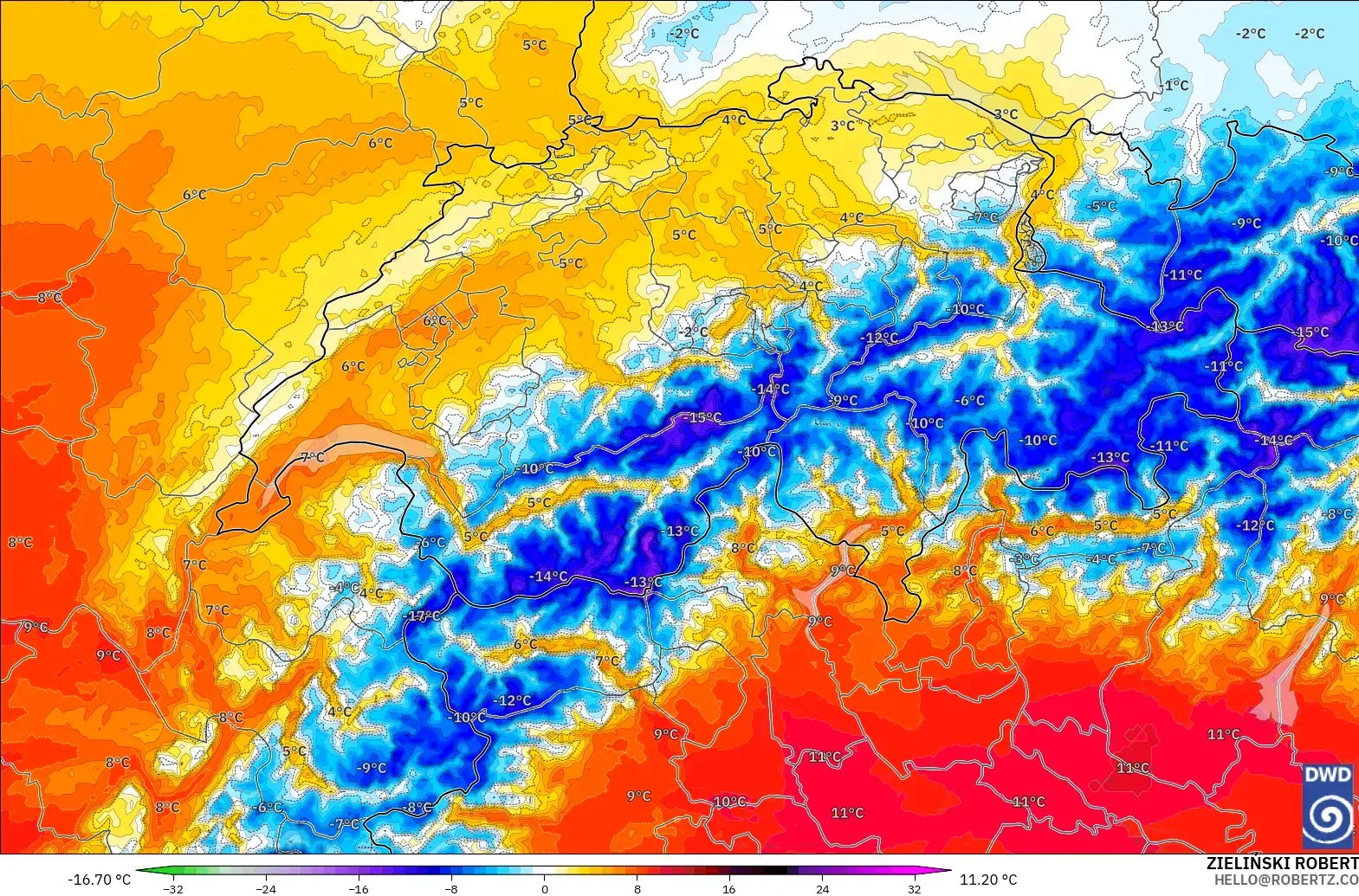 ICON Alemanha 2 km modelo - Suíça, Anomalia de temperatura a 850 hPa
