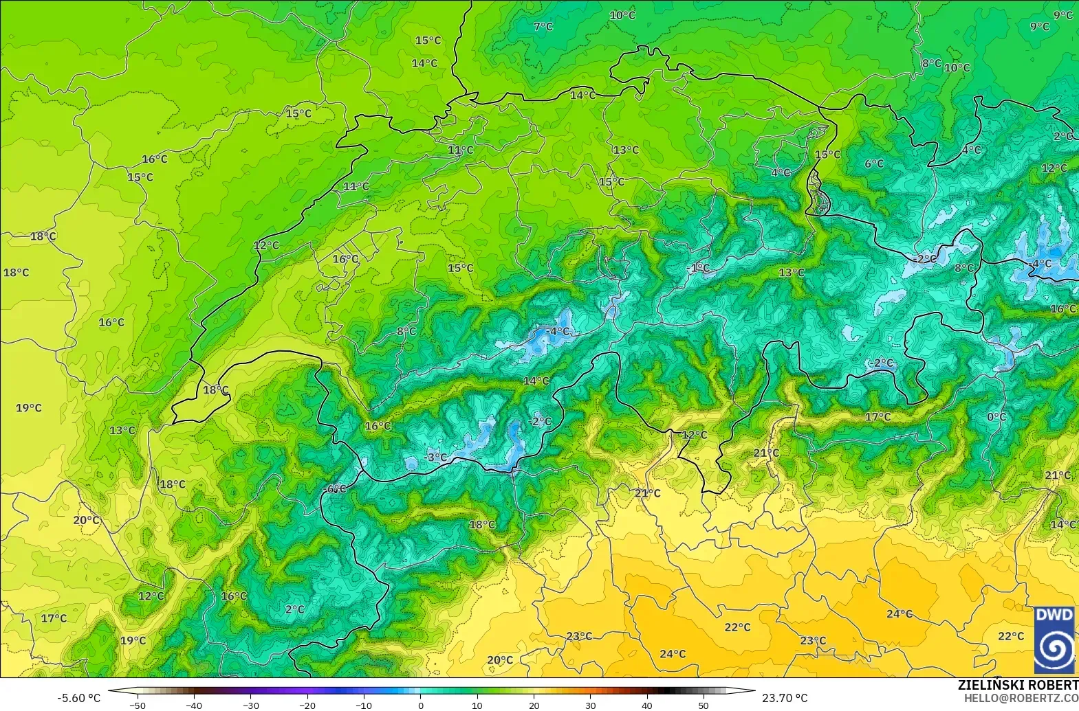 ICON Alemanha 2 km modelo - Suíça, Temperatura a 850 hPa