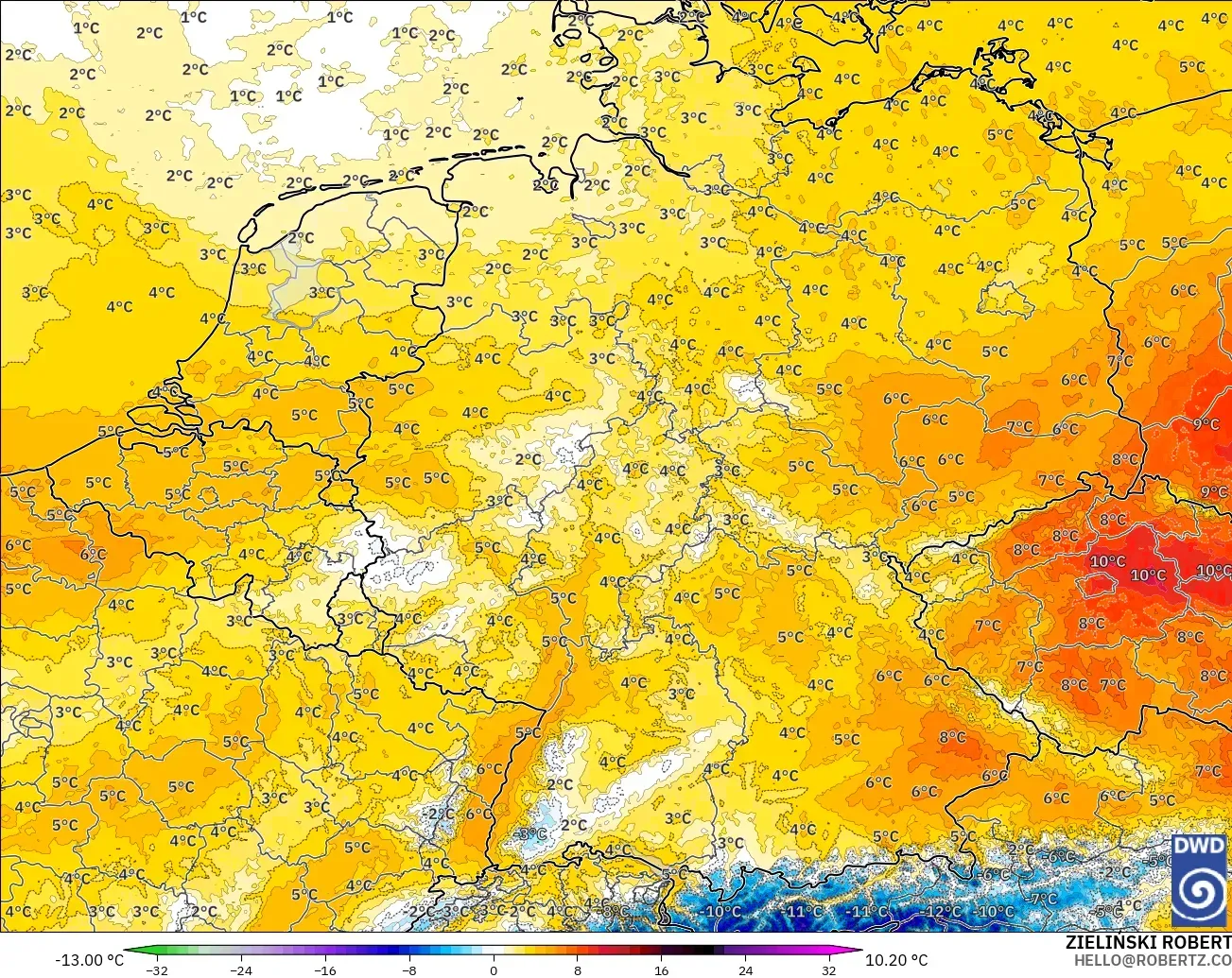 ICON Alemanha 2 km modelo - Alemanha, Anomalia de temperatura a 850 hPa