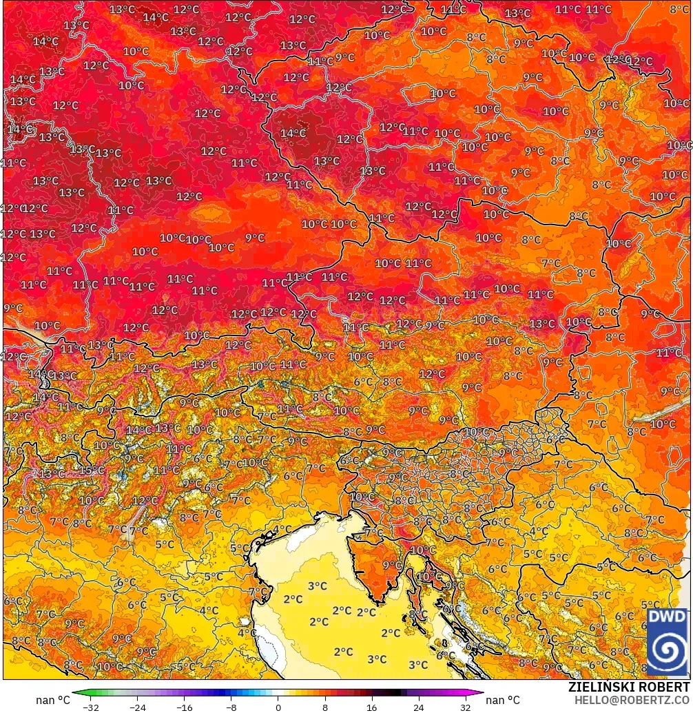 ICON Alemanha 2 km modelo - Áustria, Anomalia de temperatura a 2 m