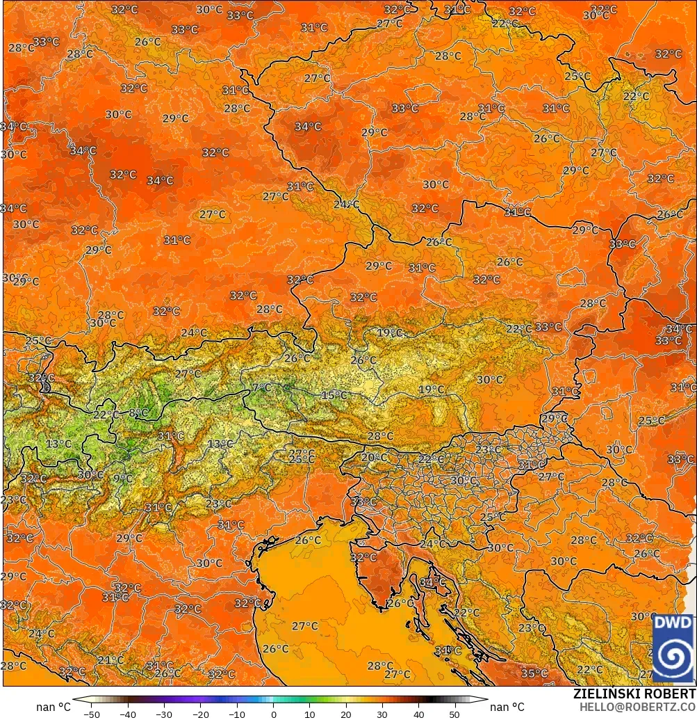 ICON Alemanha 2 km modelo - Áustria, Temperatura a 2 m