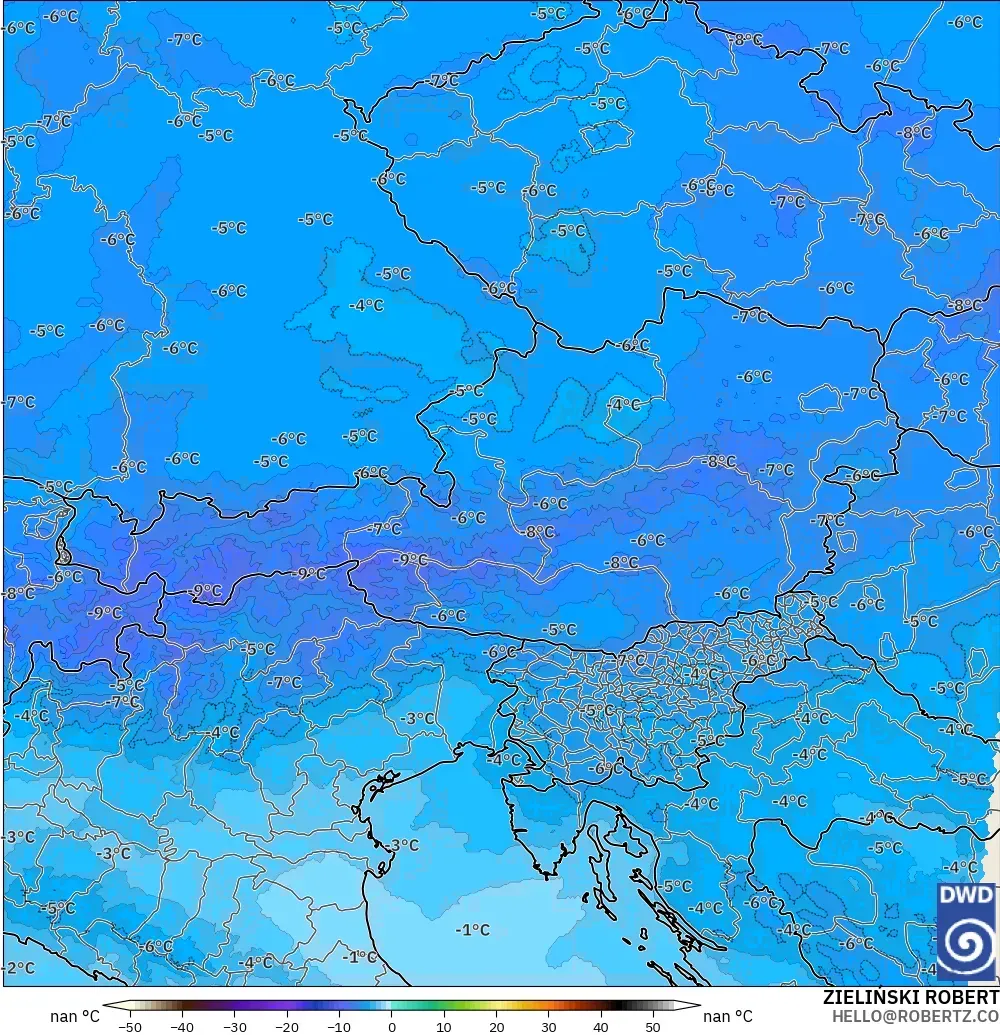 ICON Alemanha 2 km modelo - Áustria, Temperatura a 500 hPa