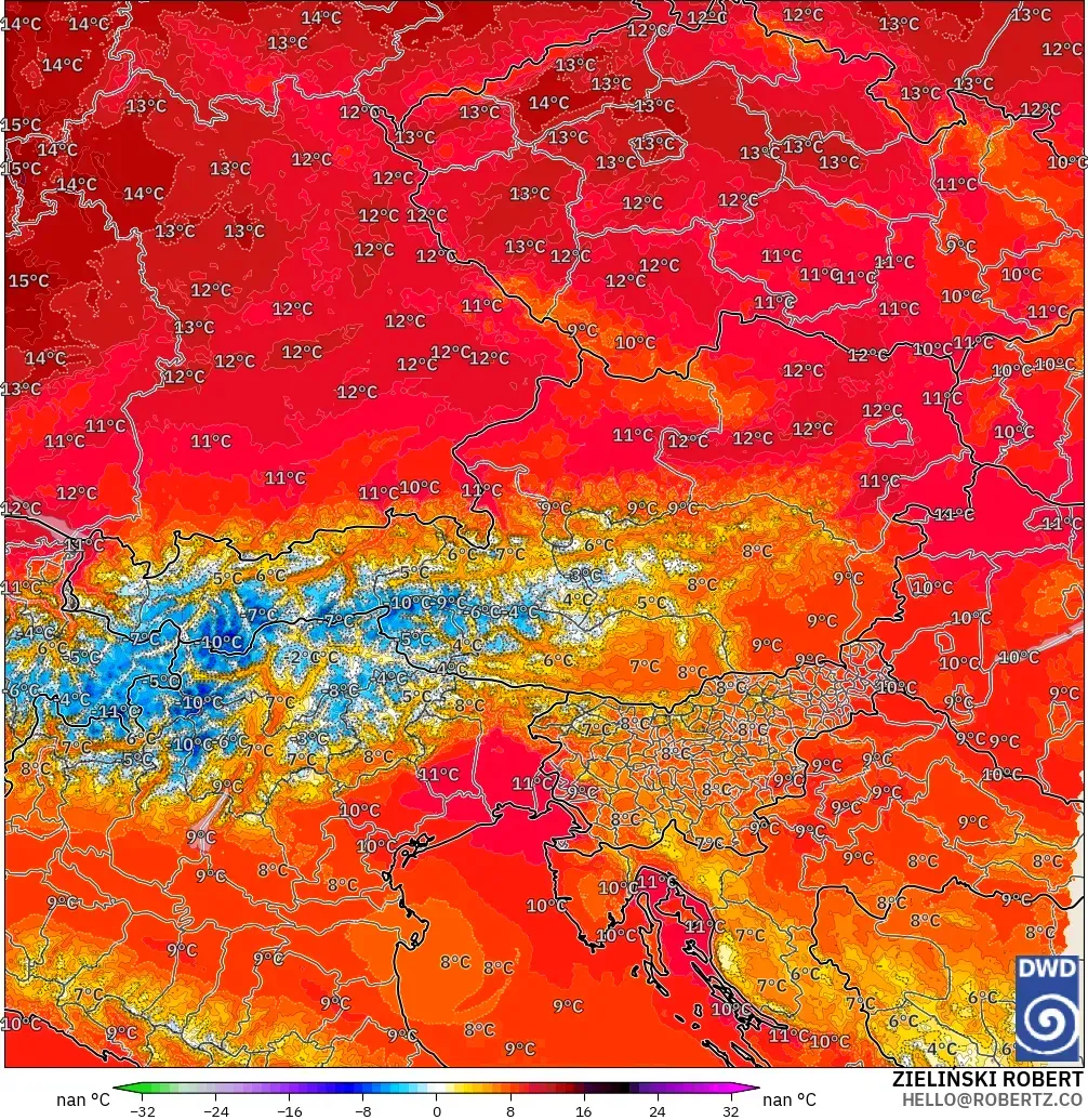 ICON Alemanha 2 km modelo - Áustria, Anomalia de temperatura a 850 hPa