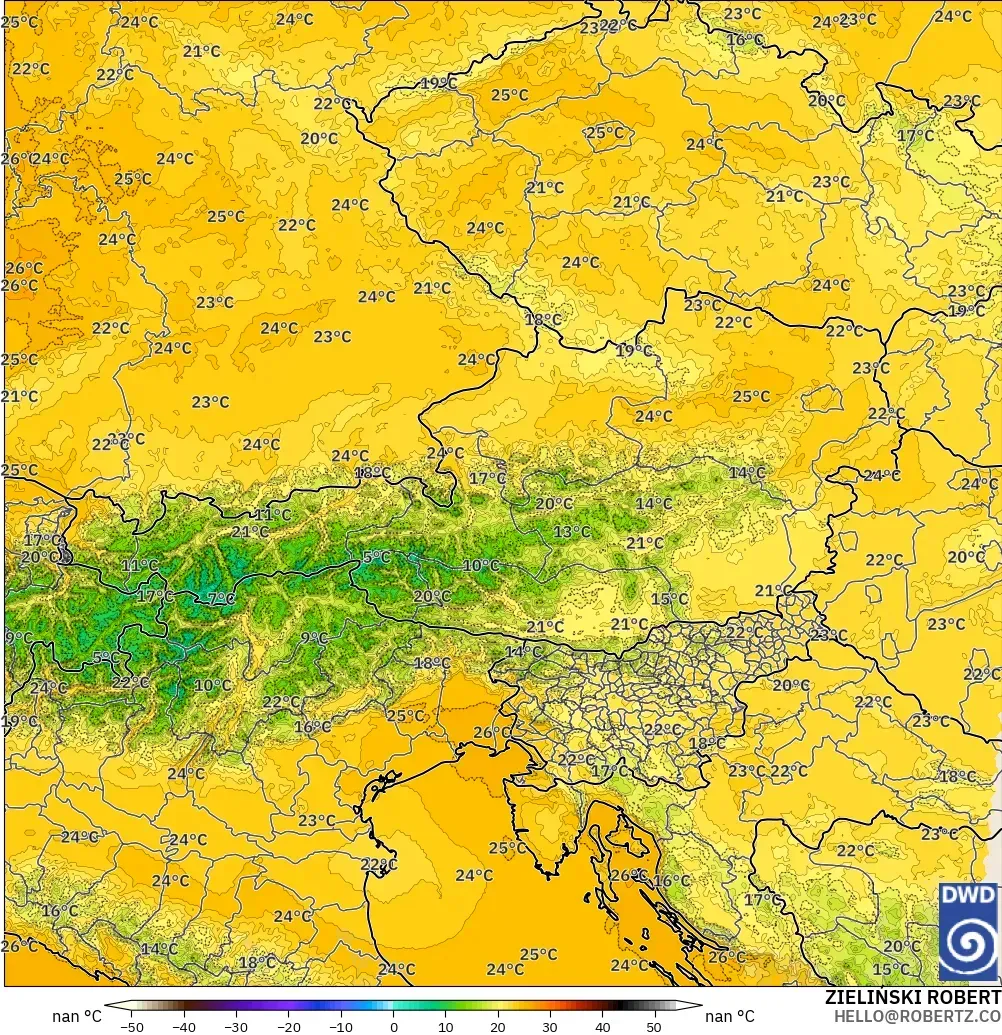 ICON Alemanha 2 km modelo - Áustria, Temperatura a 850 hPa