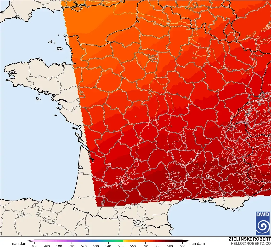 ICON Alemanha 2 km modelo - França, Altura geopotencial a 500 hPa