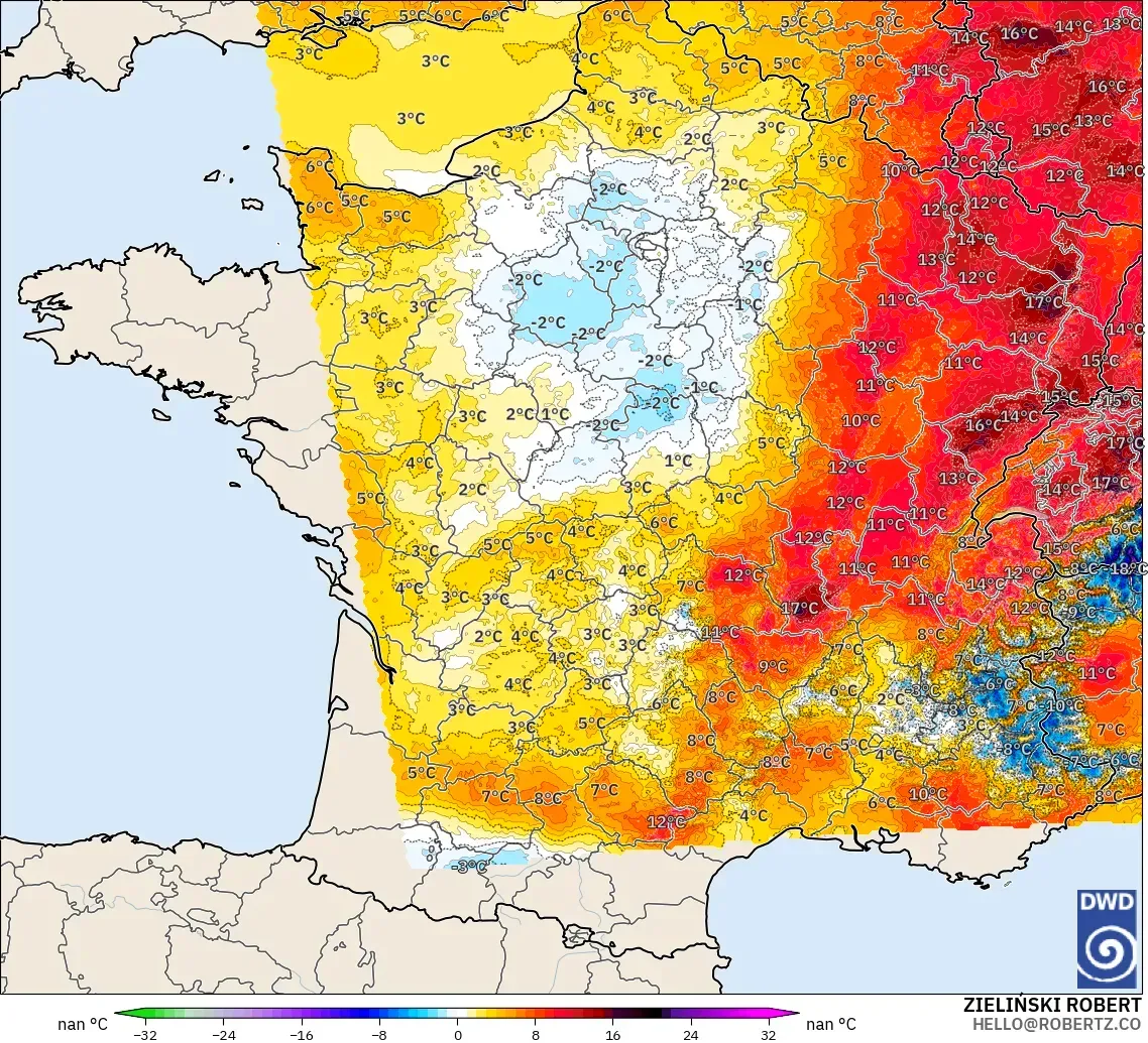 ICON Alemanha 2 km modelo - França, Anomalia de temperatura a 2 m