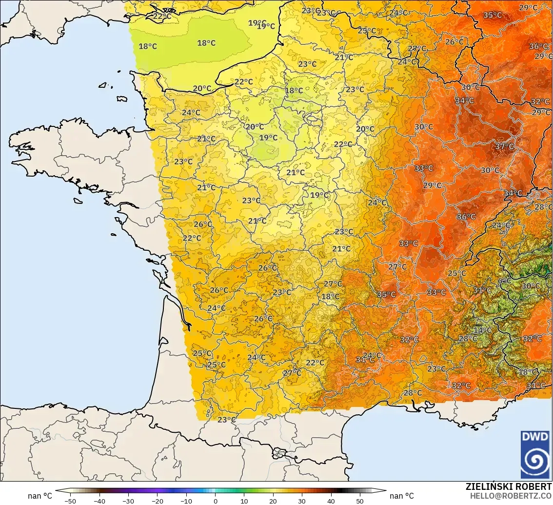 ICON Alemanha 2 km modelo - França, Temperatura a 2 m