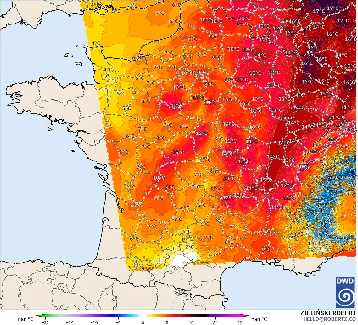 ICON Alemanha 2 km modelo - França, Anomalia de temperatura a 850 hPa