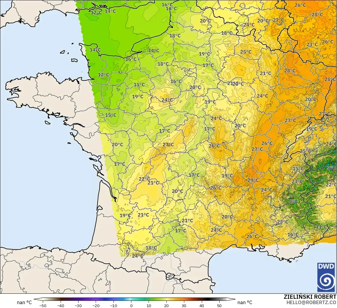 ICON Alemanha 2 km modelo - França, Temperatura a 850 hPa
