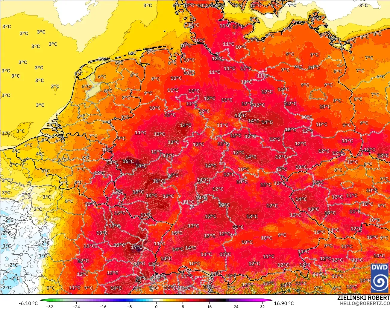 ICON Alemanha 2 km modelo - Alemanha, Anomalia de temperatura a 2 m