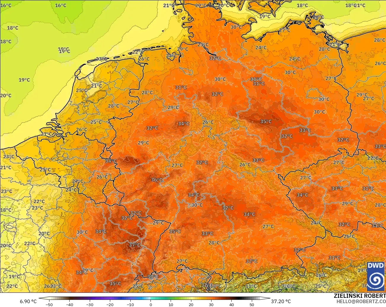 ICON Alemanha 2 km modelo - Alemanha, Temperatura a 2 m