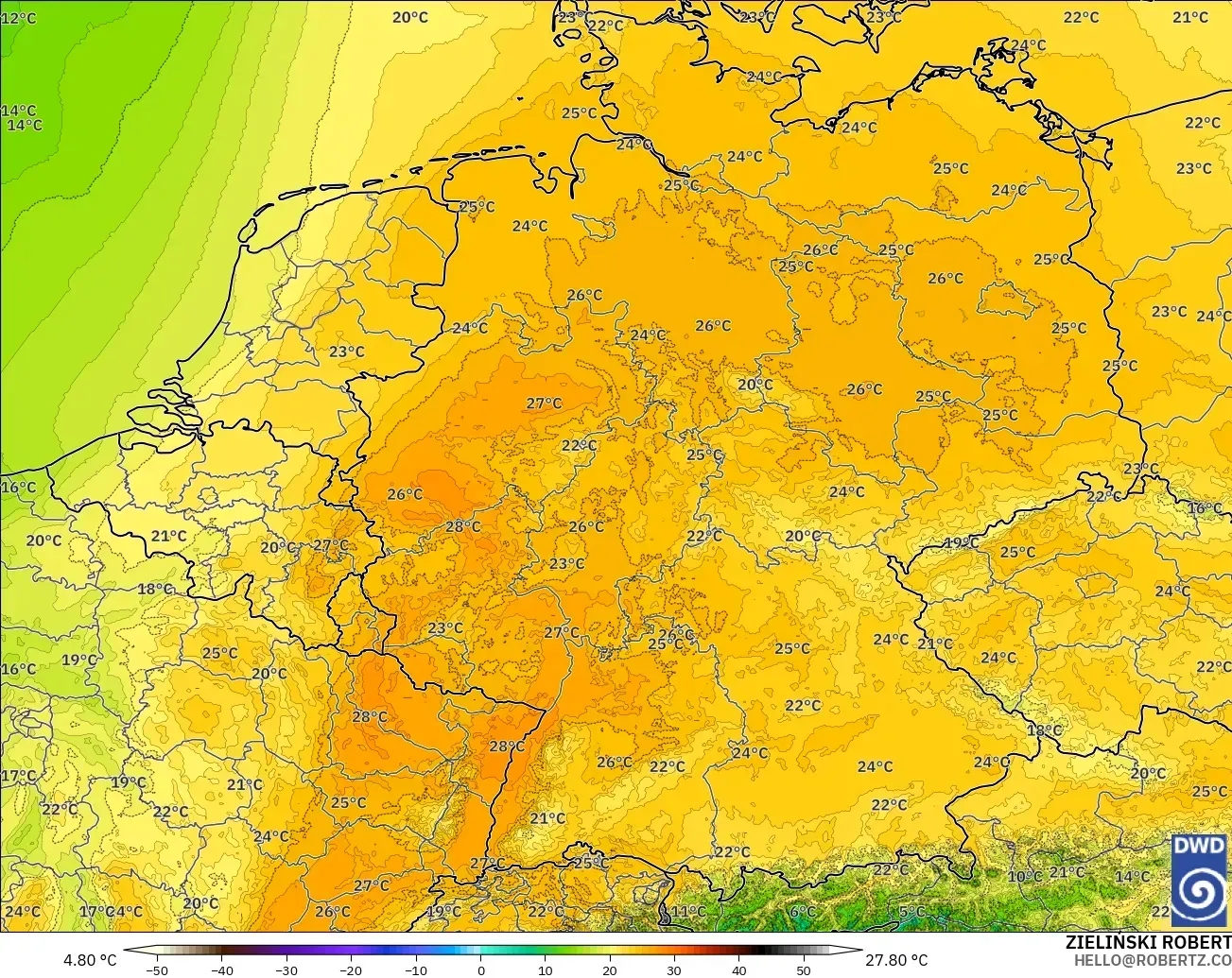ICON Alemanha 2 km modelo - Alemanha, Temperatura a 850 hPa