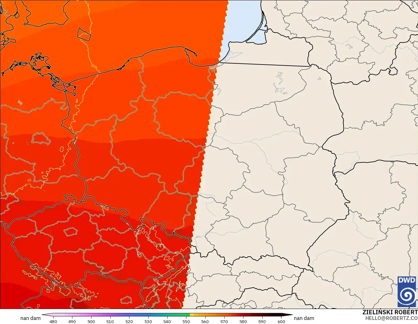 ICON Alemanha 2 km modelo - Polônia, Altura geopotencial a 500 hPa