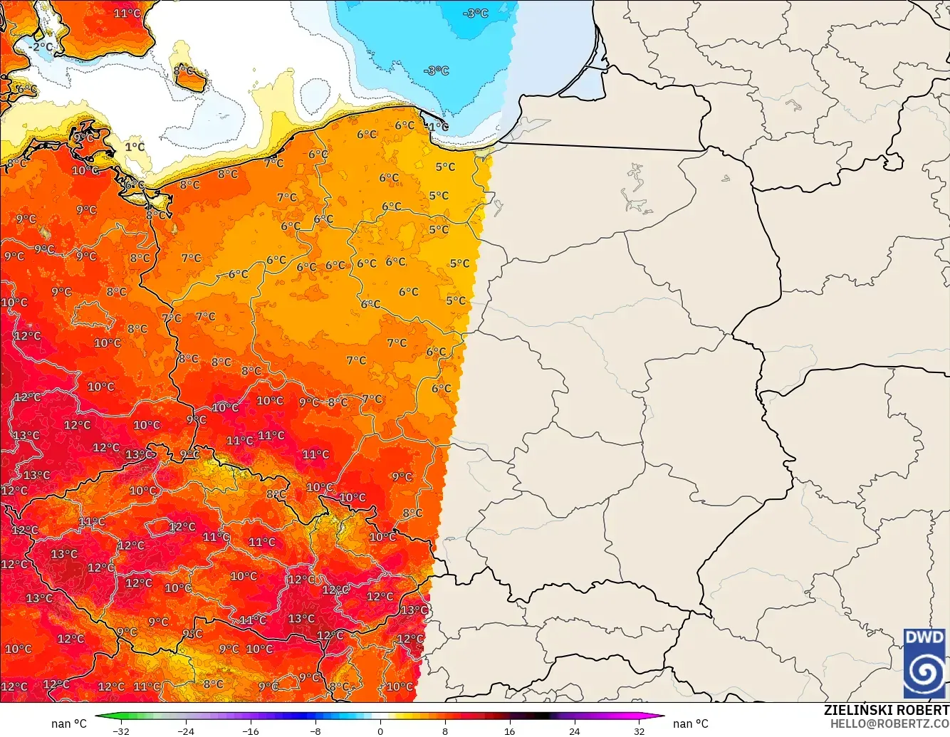 ICON Alemanha 2 km modelo - Polônia, Anomalia de temperatura a 2 m